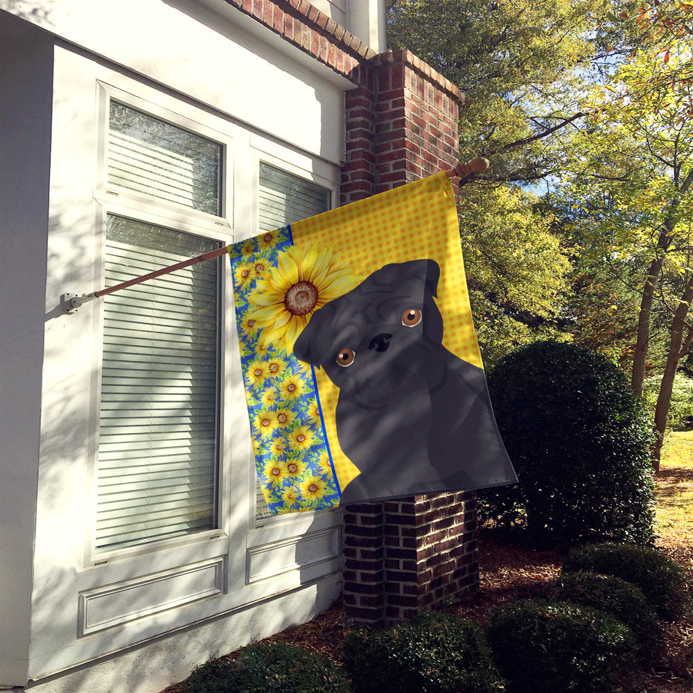 Summer Sunflowers Black Pug House Flag 28x40 Porch Sleeve Pole Decorative Outside Yard Banner Artwork Wall Hanging, Polyester