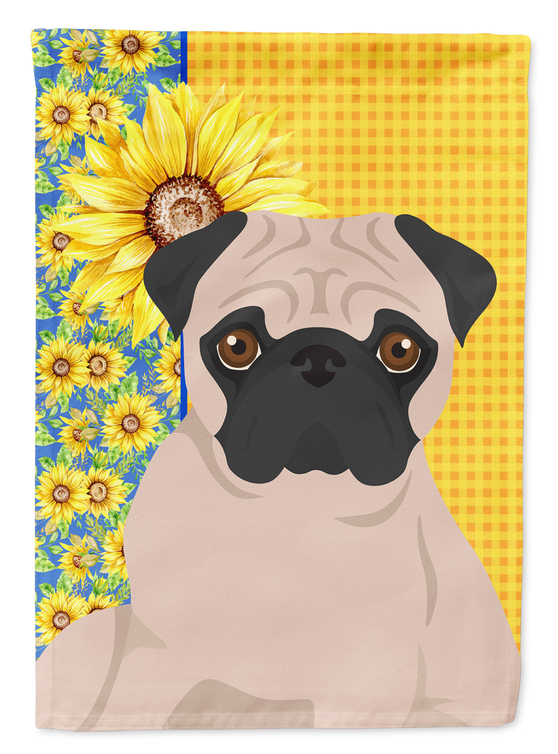 Summer Sunflowers Fawn Pug House Flag 28x40 Porch Sleeve Pole Decorative Outside Yard Banner Artwork Wall Hanging, Polyester