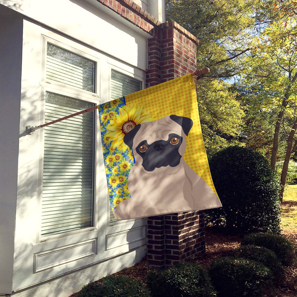 Summer Sunflowers Fawn Pug House Flag 28x40 Porch Sleeve Pole Decorative Outside Yard Banner Artwork Wall Hanging, Polyester