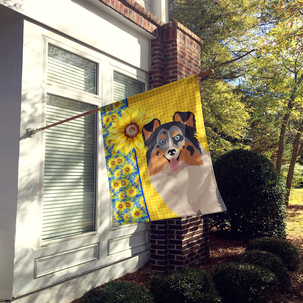 Summer Sunflowers Blue Merle Sheltie House Flag 28x40 Porch Sleeve Pole Decorative Outside Yard Banner Artwork Wall Hanging, Polyester