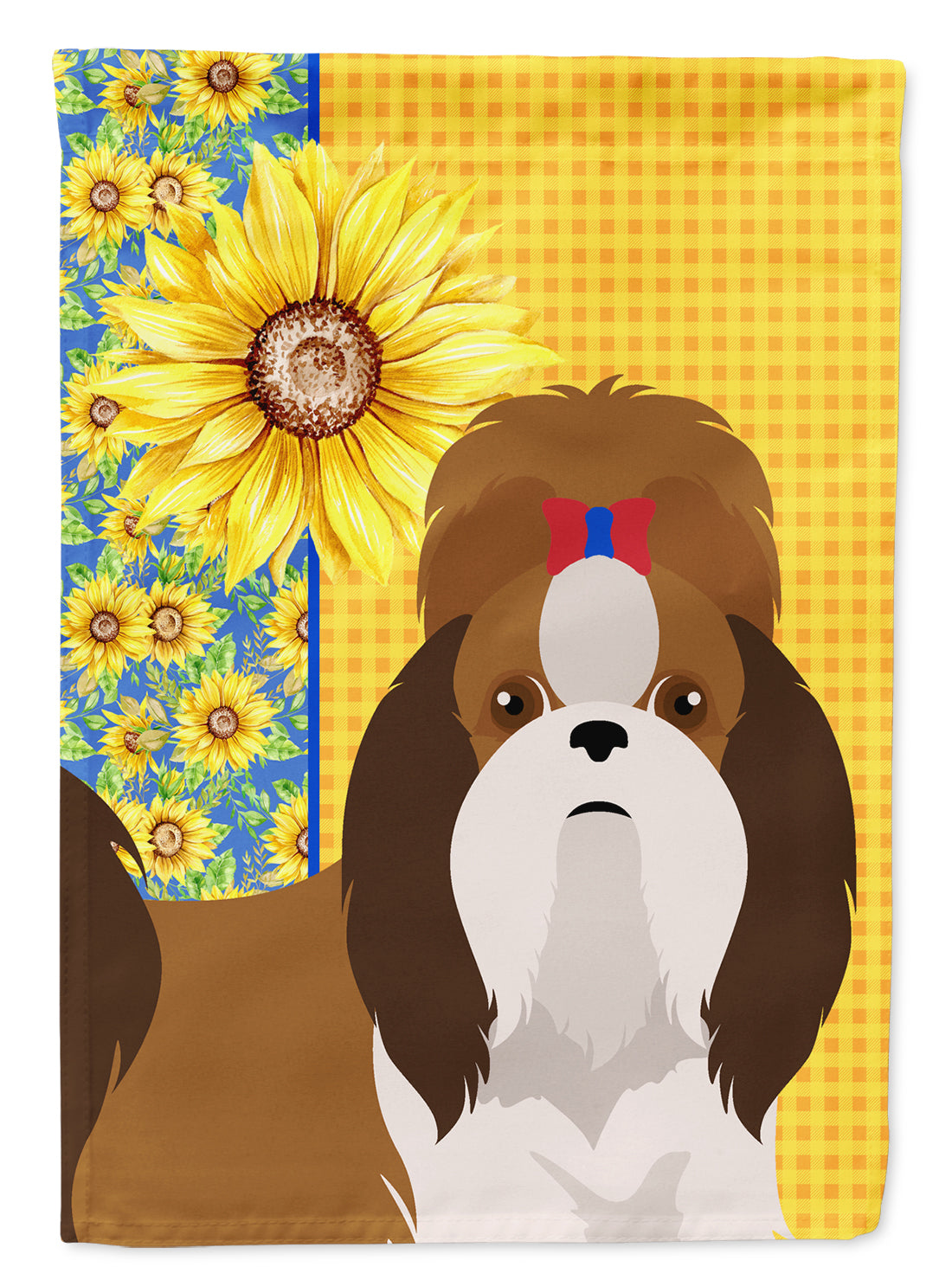 Summer Sunflowers Red and White Shih Tzu House Flag 28x40 Porch Sleeve Pole Decorative Outside Yard Banner Artwork Wall Hanging, Polyester