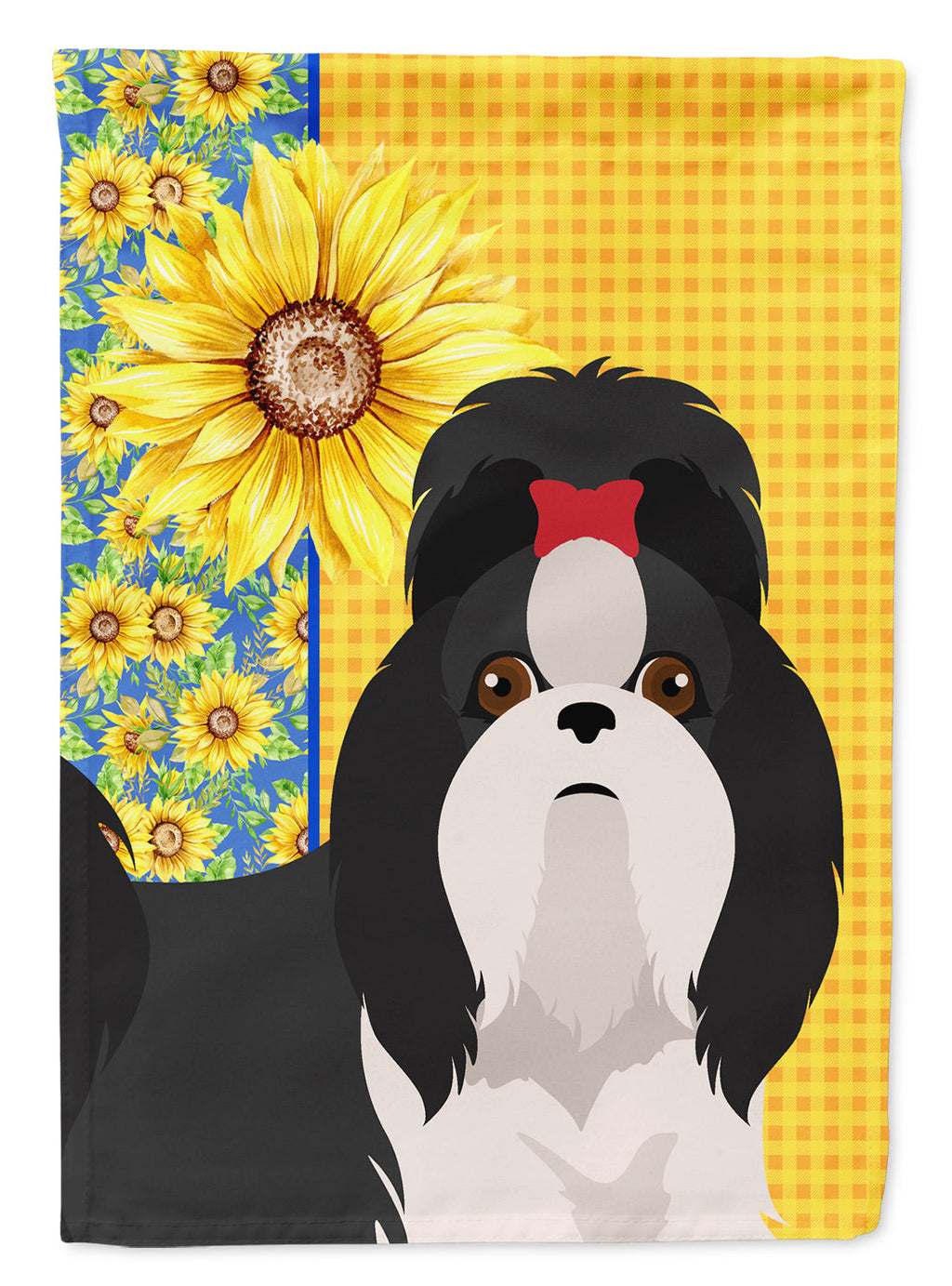 Summer Sunflowers Black and White Shih Tzu House Flag 28x40 Porch Sleeve Pole Decorative Outside Yard Banner Artwork Wall Hanging, Polyester