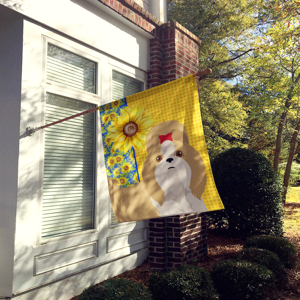 Summer Sunflowers Gold and White Shih Tzu House Flag 28x40 Porch Sleeve Pole Decorative Outside Yard Banner Artwork Wall Hanging, Polyester