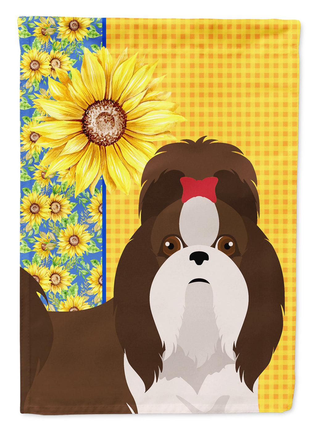 Summer Sunflowers Liver and White Shih Tzu House Flag 28x40 Porch Sleeve Pole Decorative Outside Yard Banner Artwork Wall Hanging, Polyester