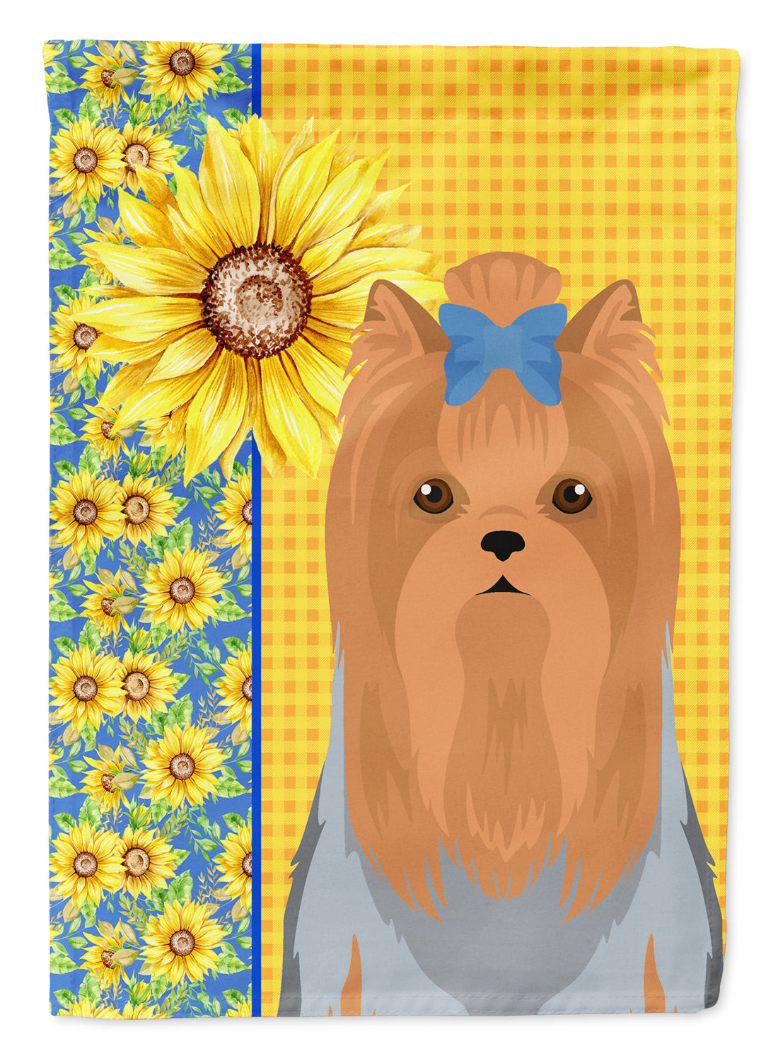 Summer Sunflowers Blue and Tan Full Coat Yorkshire Terrier House Flag 28x40 Porch Sleeve Pole Decorative Outside Yard Banner Artwork Wall Hanging, Polyester