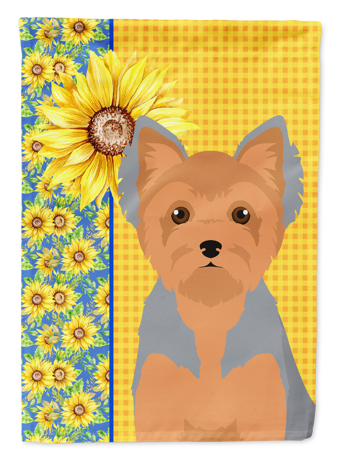 Summer Sunflowers Blue and Tan Puppy Cut Yorkshire Terrier House Flag 28x40 Porch Sleeve Pole Decorative Outside Yard Banner Artwork Wall Hanging, Polyester