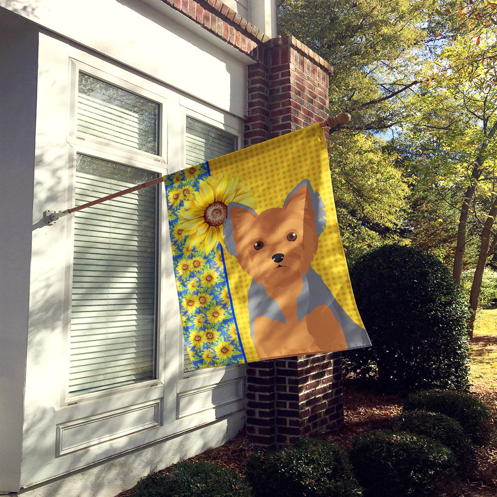 Summer Sunflowers Blue and Tan Puppy Cut Yorkshire Terrier House Flag 28x40 Porch Sleeve Pole Decorative Outside Yard Banner Artwork Wall Hanging, Polyester