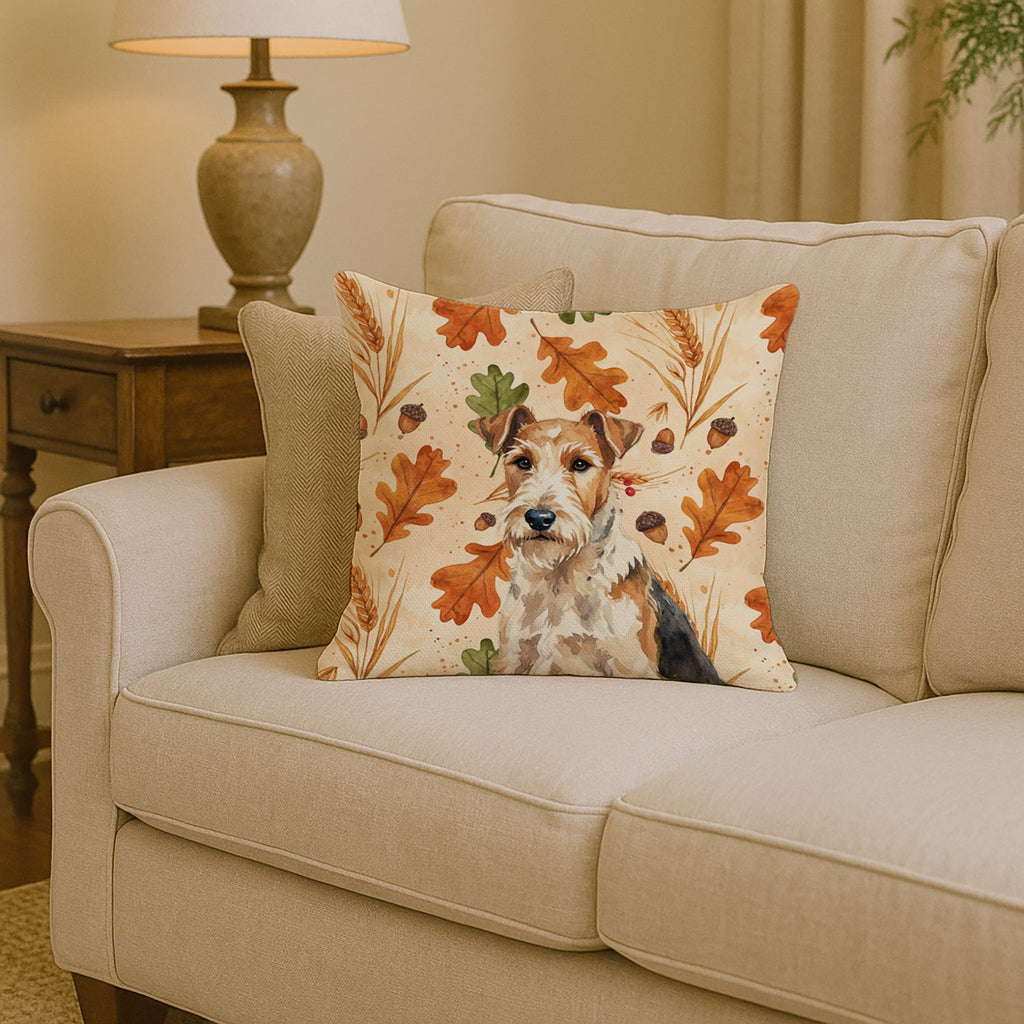 Wire Fox Terrier Heirloom Fall Decorative Throw Pillow 14x14 Indoor Outdoor Accent Cushion, Fabric Cover with Insert for Sofa, Bed, Porch & Living Room