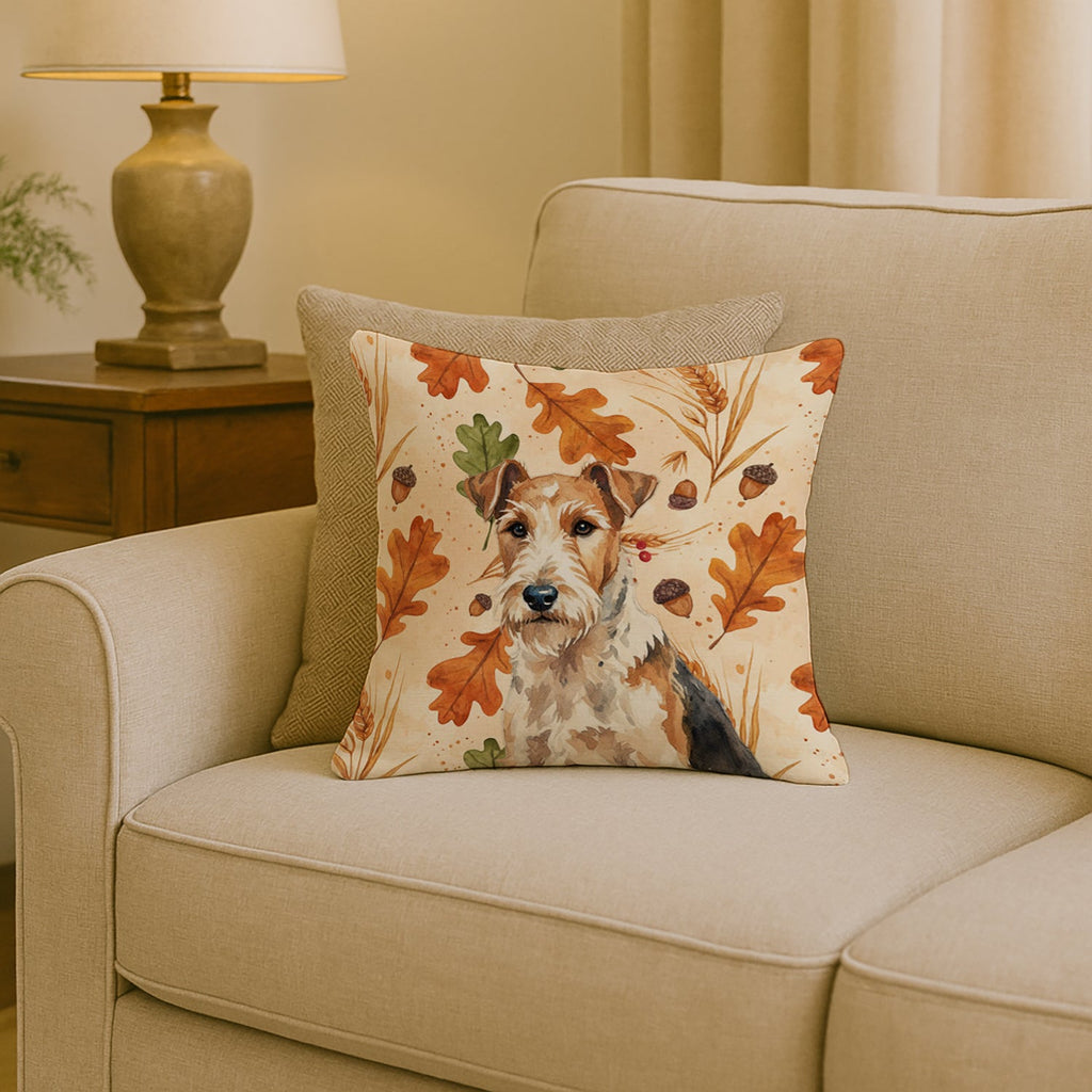 Wire Fox Terrier Heirloom Fall Decorative Throw Pillow 18x18 Indoor Outdoor Accent Cushion, Fabric Cover with Insert for Sofa, Bed, Porch & Living Room