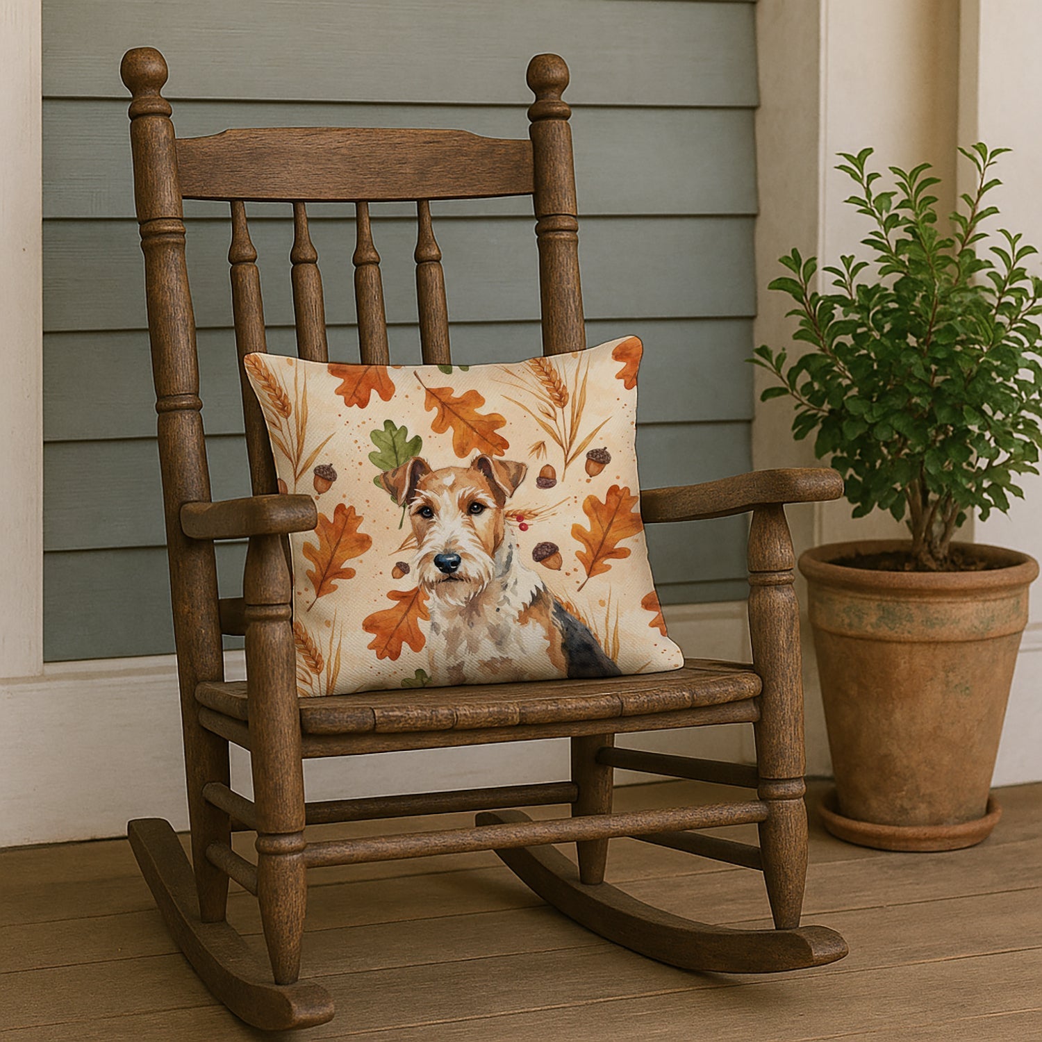 Wire Fox Terrier Heirloom Fall Decorative Throw Pillow 18x18 Indoor Outdoor Accent Cushion, Fabric Cover with Insert for Sofa, Bed, Porch & Living Room