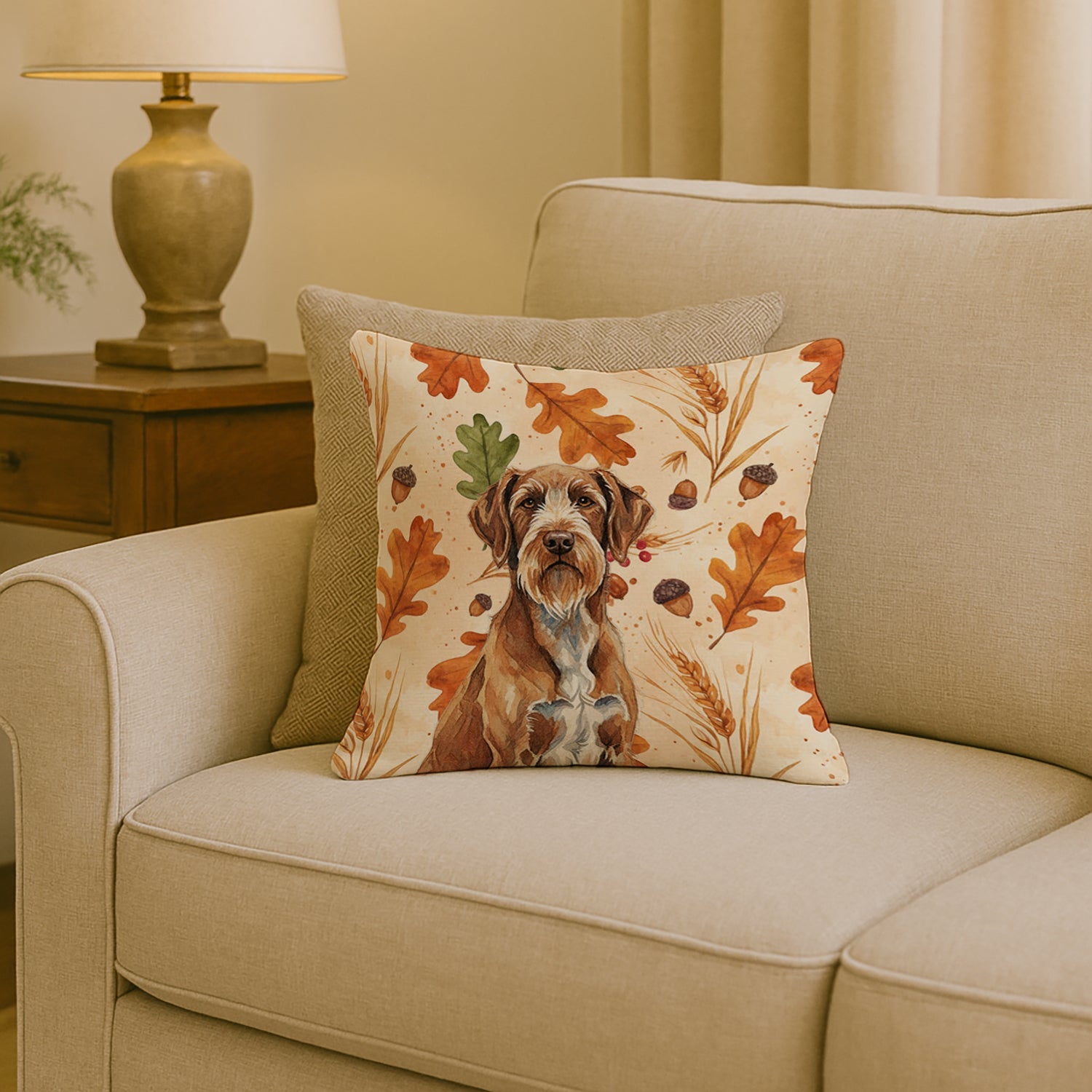 Wirehaired Pointing Griffon Heirloom Fall Decorative Throw Pillow 18x18 Indoor Outdoor Accent Cushion, Fabric Cover with Insert for Sofa, Bed, Porch & Living Room