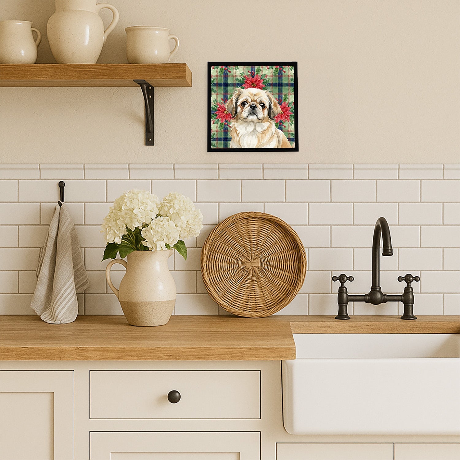 Fawn Pekingese Christmas PoinsettIas Framed Metal Print Bathroom, Kitchen, Office, Home Decor Wall Art Ready to Hang, Square, 8X8
