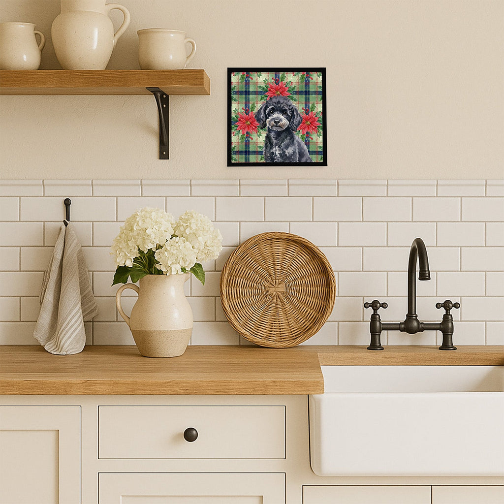 Toy Black Poodle Christmas PoinsettIas Framed Metal Print Bathroom, Kitchen, Office, Home Decor Wall Art Ready to Hang, Square, 8X8