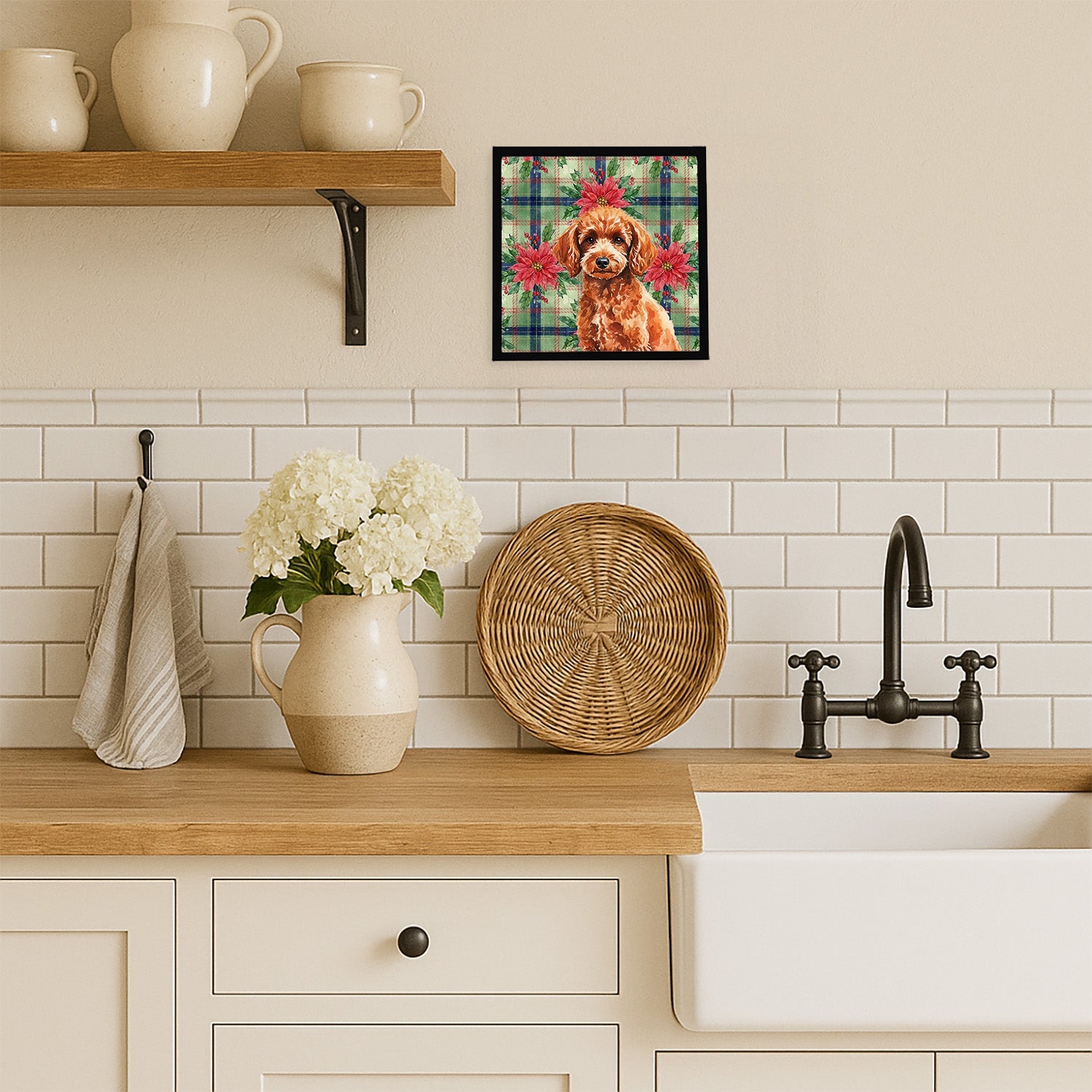 Toy Red Poodle Christmas PoinsettIas Framed Metal Print Bathroom, Kitchen, Office, Home Decor Wall Art Ready to Hang, Square, 8X8
