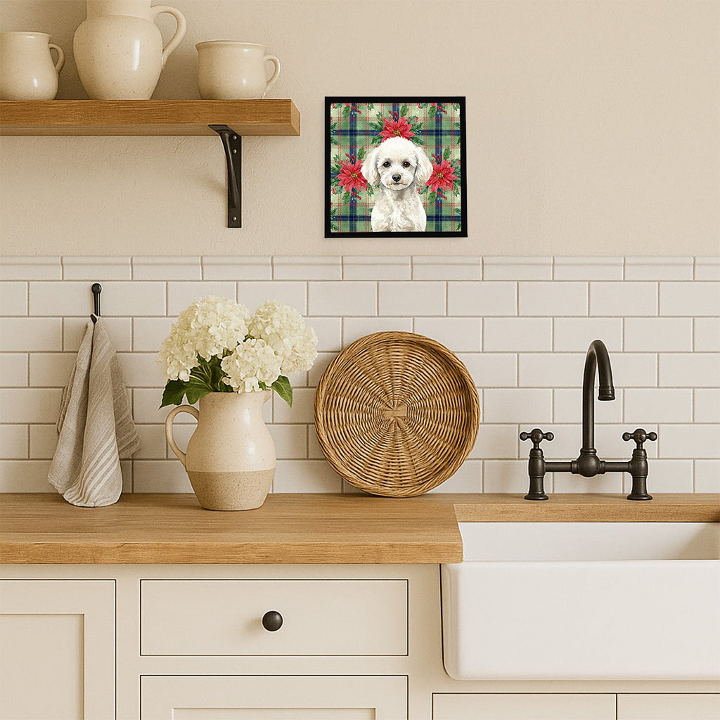 Toy White Poodle Christmas PoinsettIas Framed Metal Print Bathroom, Kitchen, Office, Home Decor Wall Art Ready to Hang, Square, 8X8