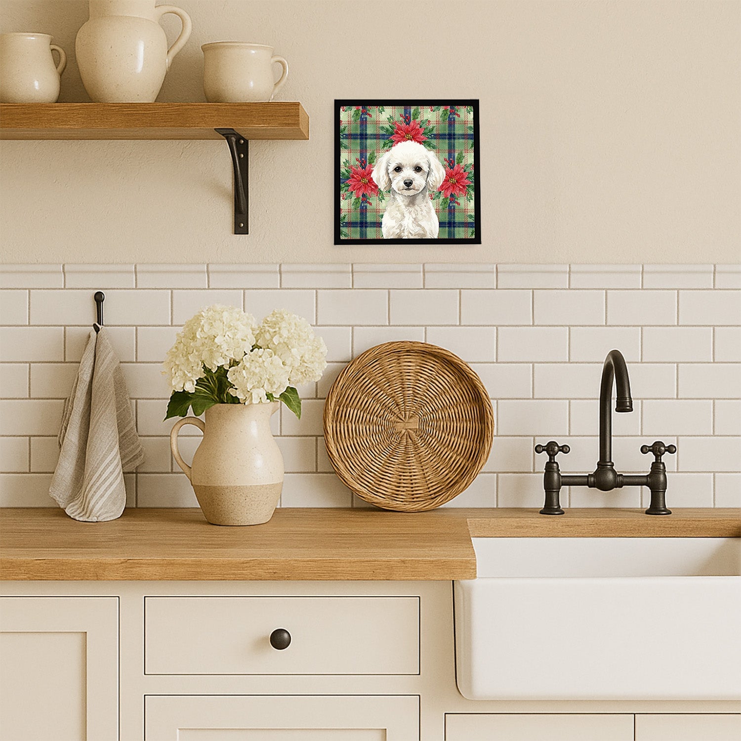 Toy White Poodle Christmas PoinsettIas Framed Metal Print Bathroom, Kitchen, Office, Home Decor Wall Art Ready to Hang, Square, 8X8