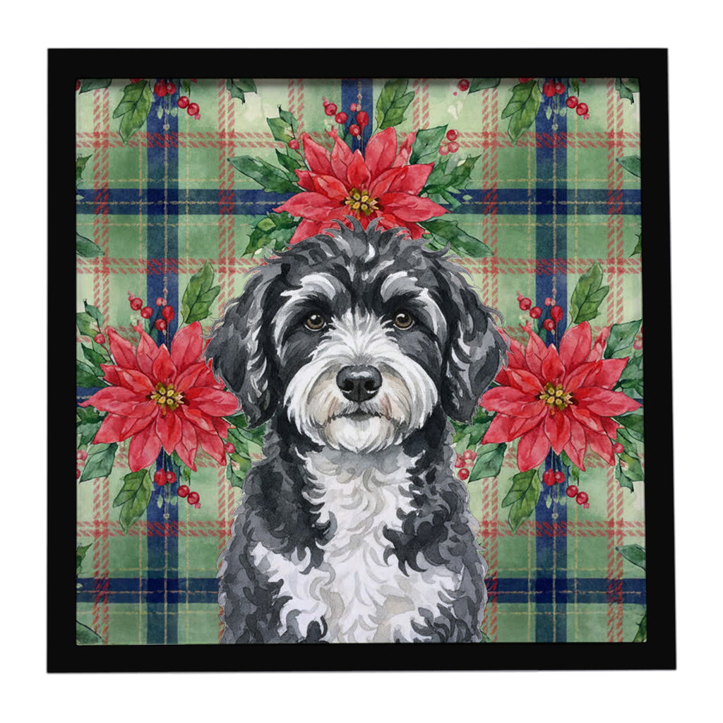 Portuguese Water Dog Christmas PoinsettIas Framed Metal Print Bathroom, Kitchen, Office, Home Decor Wall Art Ready to Hang, Square, 8X8