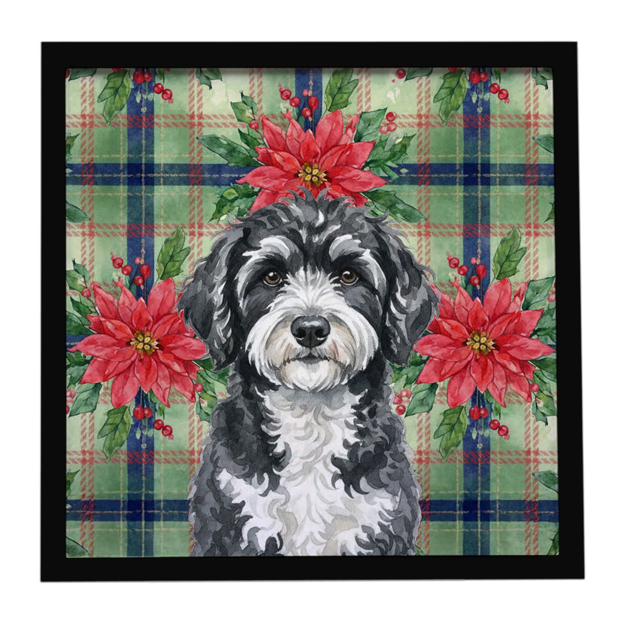 Portuguese Water Dog Christmas PoinsettIas Framed Metal Print Bathroom, Kitchen, Office, Home Decor Wall Art Ready to Hang, Square, 8X8