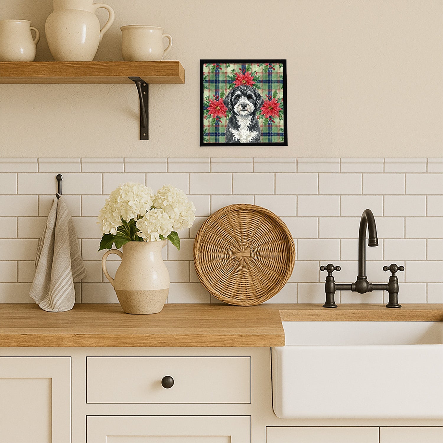 Portuguese Water Dog Christmas PoinsettIas Framed Metal Print Bathroom, Kitchen, Office, Home Decor Wall Art Ready to Hang, Square, 8X8