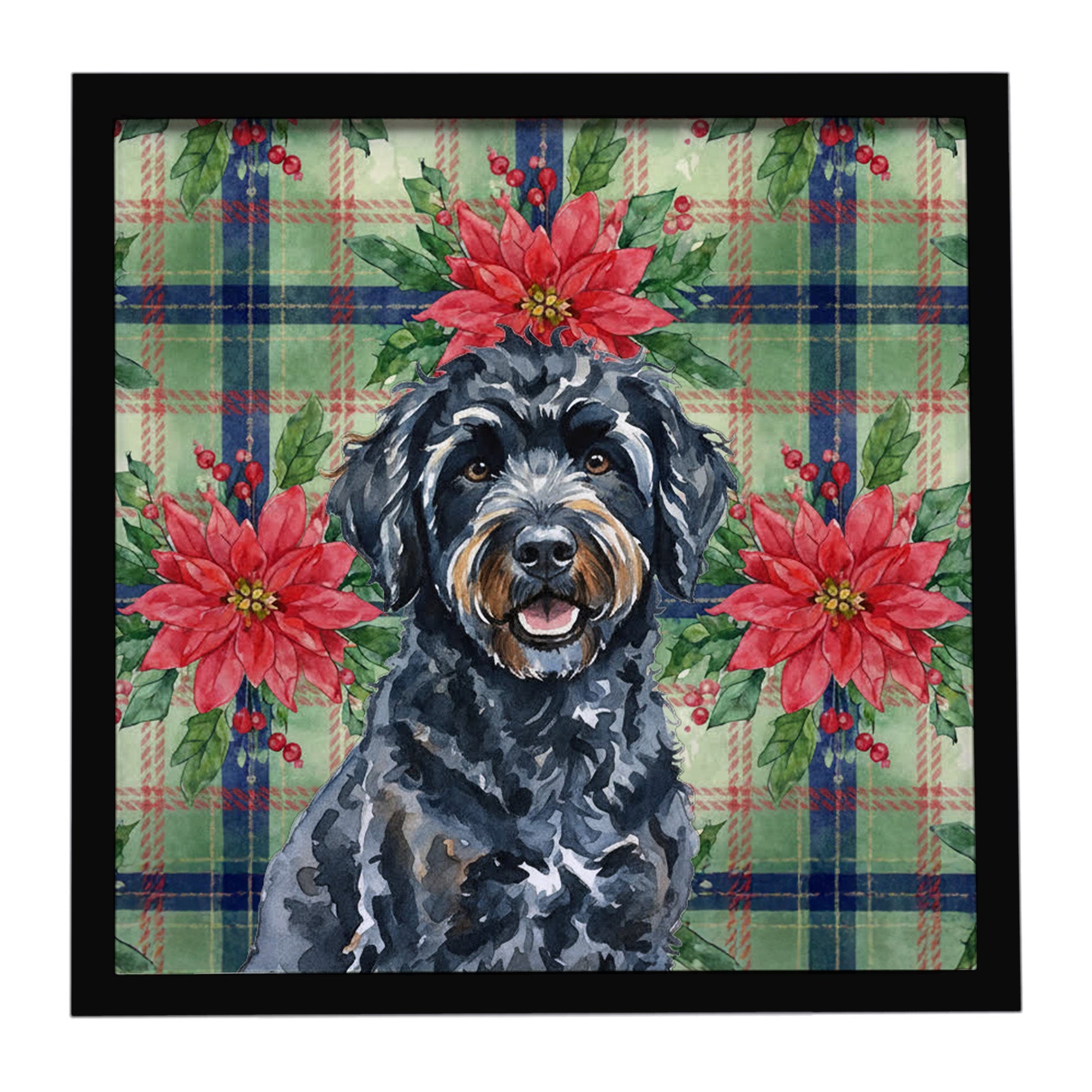 Black Portuguese Water Dog Christmas PoinsettIas Framed Metal Print Bathroom, Kitchen, Office, Home Decor Wall Art Ready to Hang, Square, 8X8
