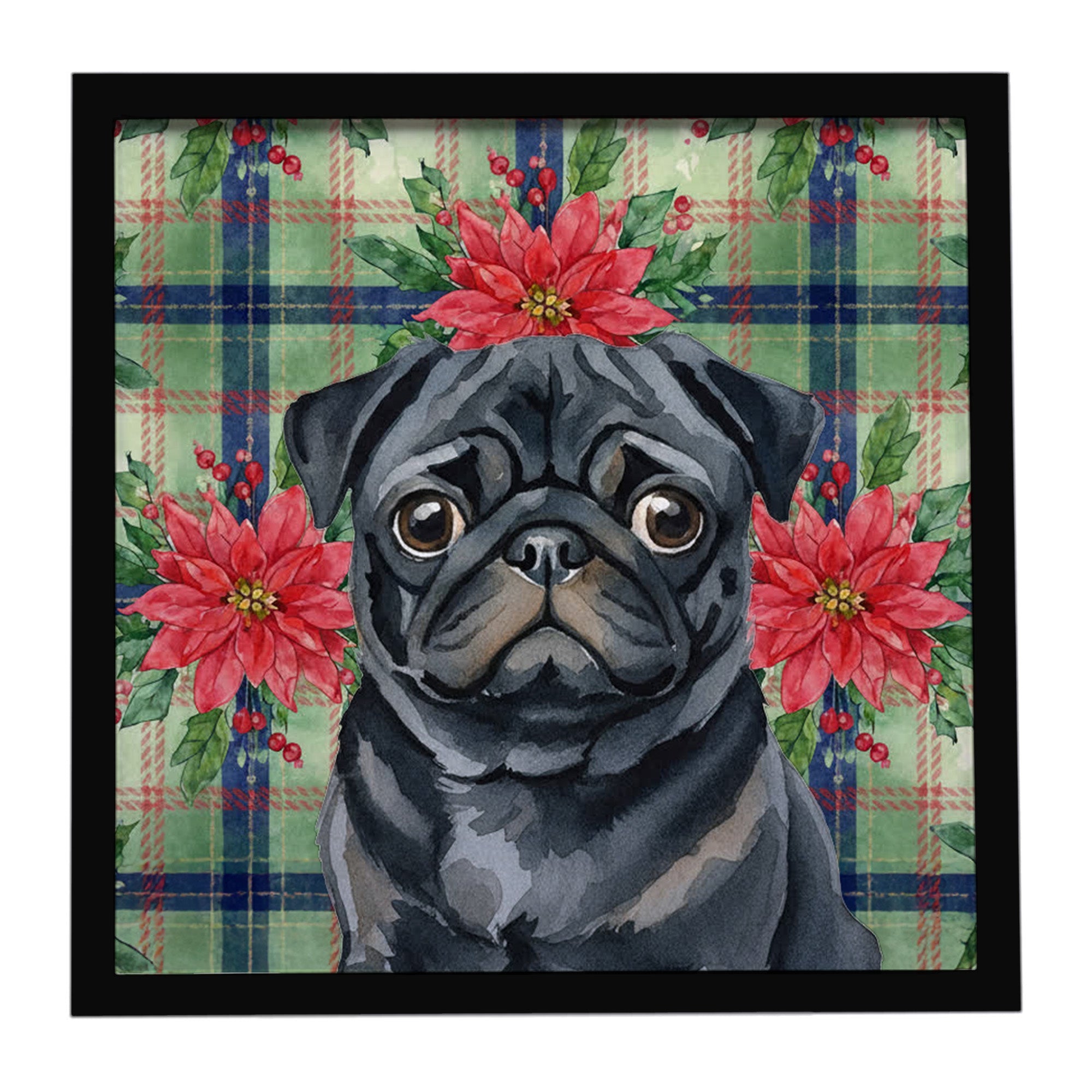 Black Pug Christmas PoinsettIas Framed Metal Print Bathroom, Kitchen, Office, Home Decor Wall Art Ready to Hang, Square, 8X8