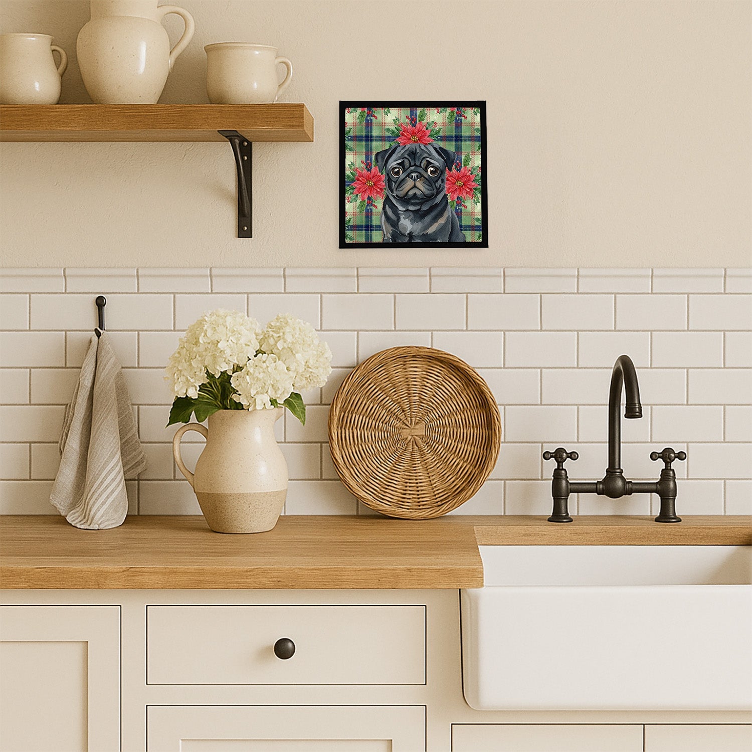 Black Pug Christmas PoinsettIas Framed Metal Print Bathroom, Kitchen, Office, Home Decor Wall Art Ready to Hang, Square, 8X8