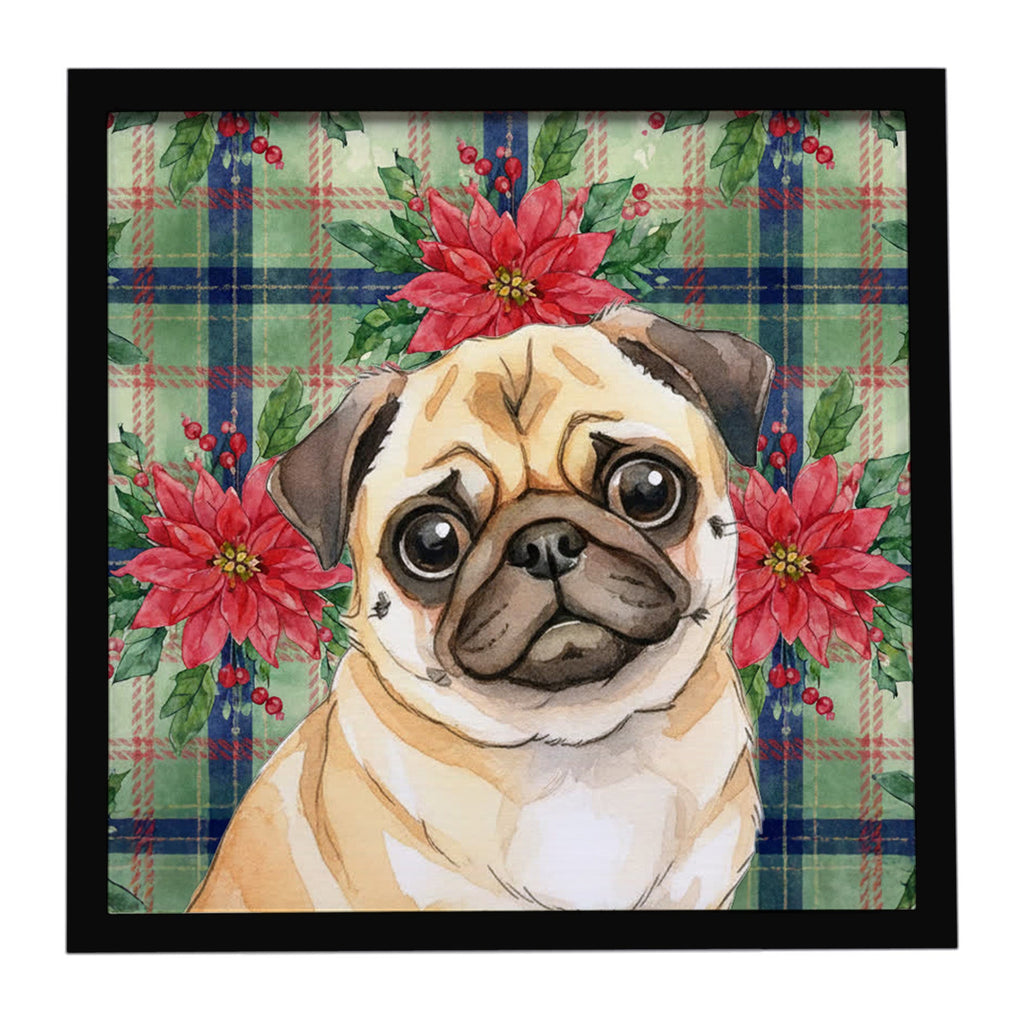 Fawn Pug Christmas PoinsettIas Framed Metal Print Bathroom, Kitchen, Office, Home Decor Wall Art Ready to Hang, Square, 8X8