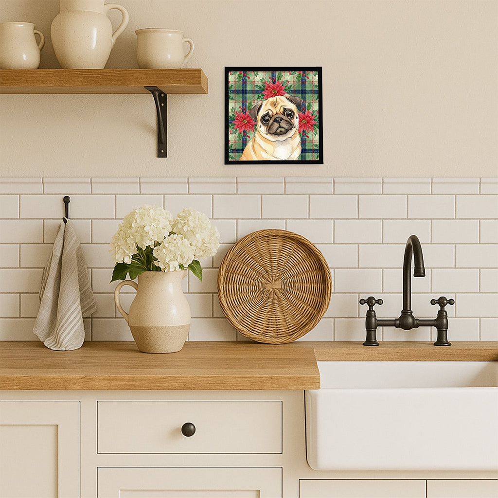 Fawn Pug Christmas PoinsettIas Framed Metal Print Bathroom, Kitchen, Office, Home Decor Wall Art Ready to Hang, Square, 8X8