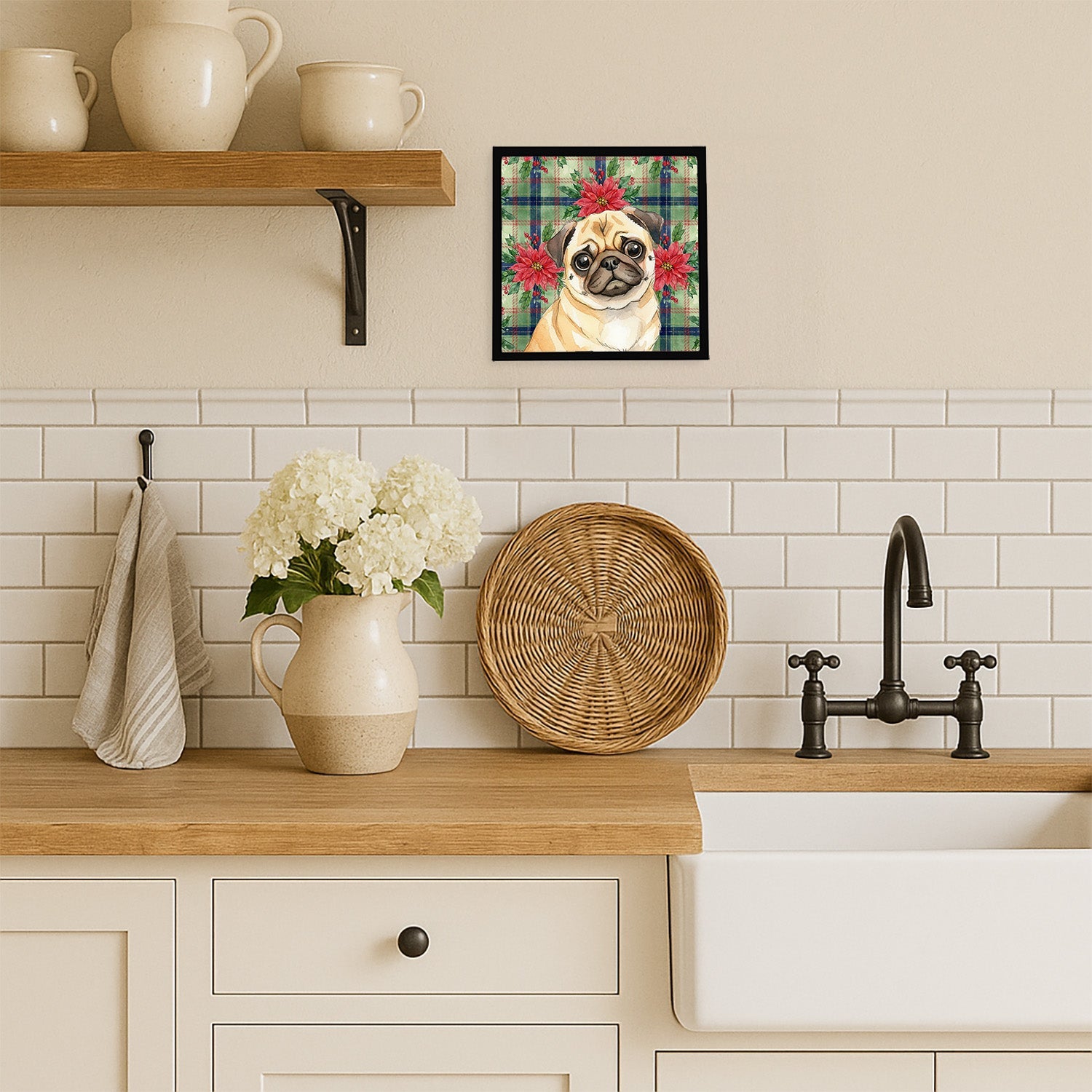 Fawn Pug Christmas PoinsettIas Framed Metal Print Bathroom, Kitchen, Office, Home Decor Wall Art Ready to Hang, Square, 8X8