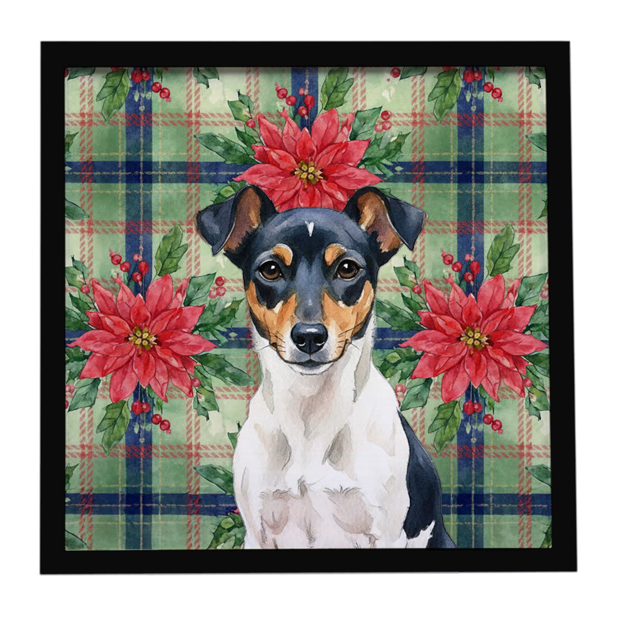 Tricolor Rat Terrier Christmas PoinsettIas Framed Metal Print Bathroom, Kitchen, Office, Home Decor Wall Art Ready to Hang, Square, 8X8