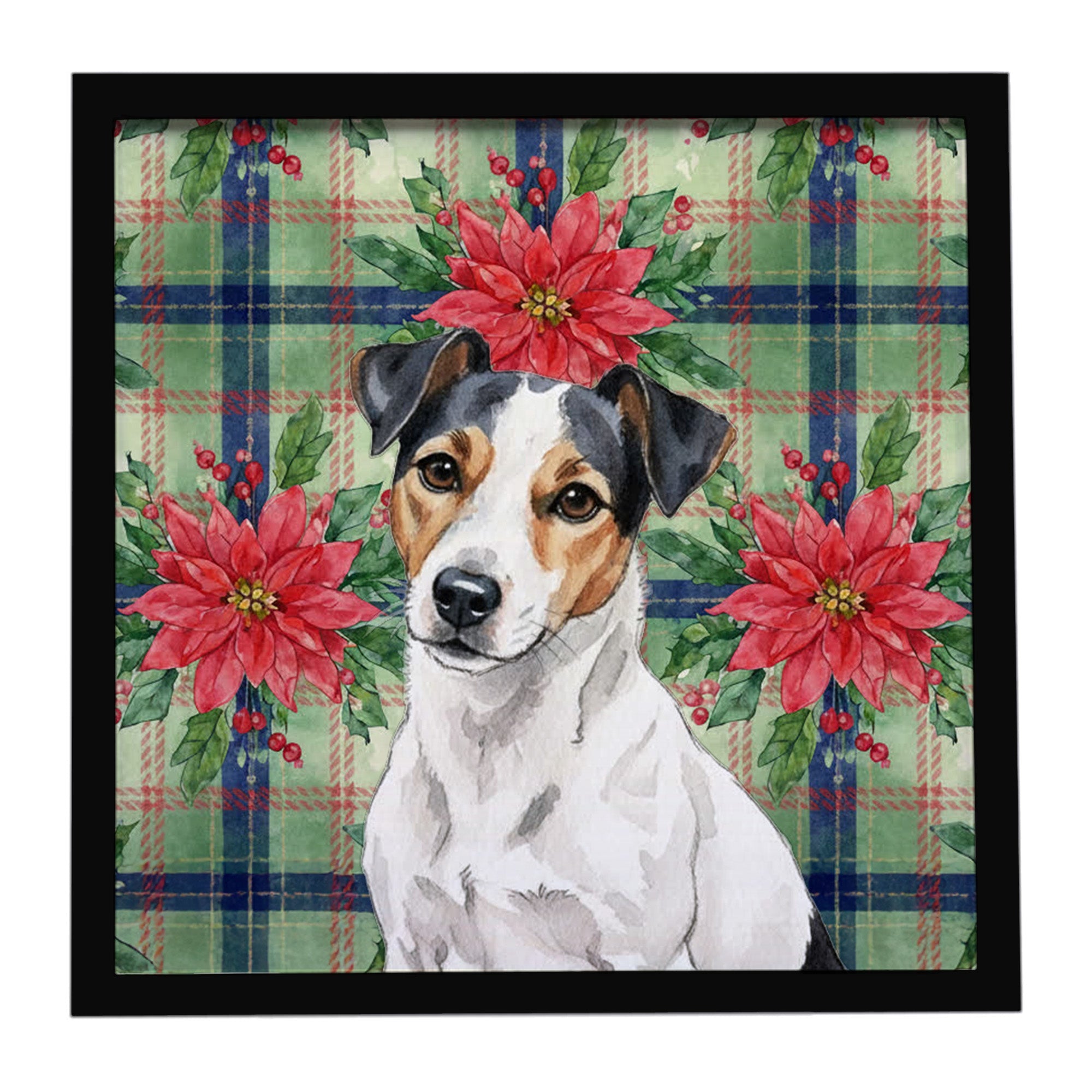 White with Black Markings Russell Terrier Christmas PoinsettIas Framed Metal Print Bathroom, Kitchen, Office, Home Decor Wall Art Ready to Hang, Square, 8X8