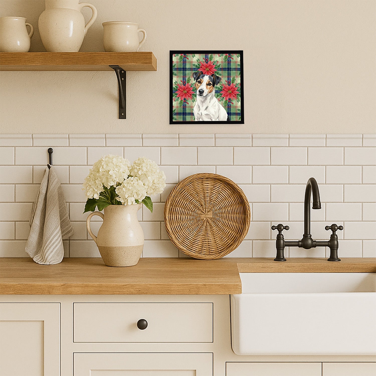 White with Black Markings Russell Terrier Christmas PoinsettIas Framed Metal Print Bathroom, Kitchen, Office, Home Decor Wall Art Ready to Hang, Square, 8X8