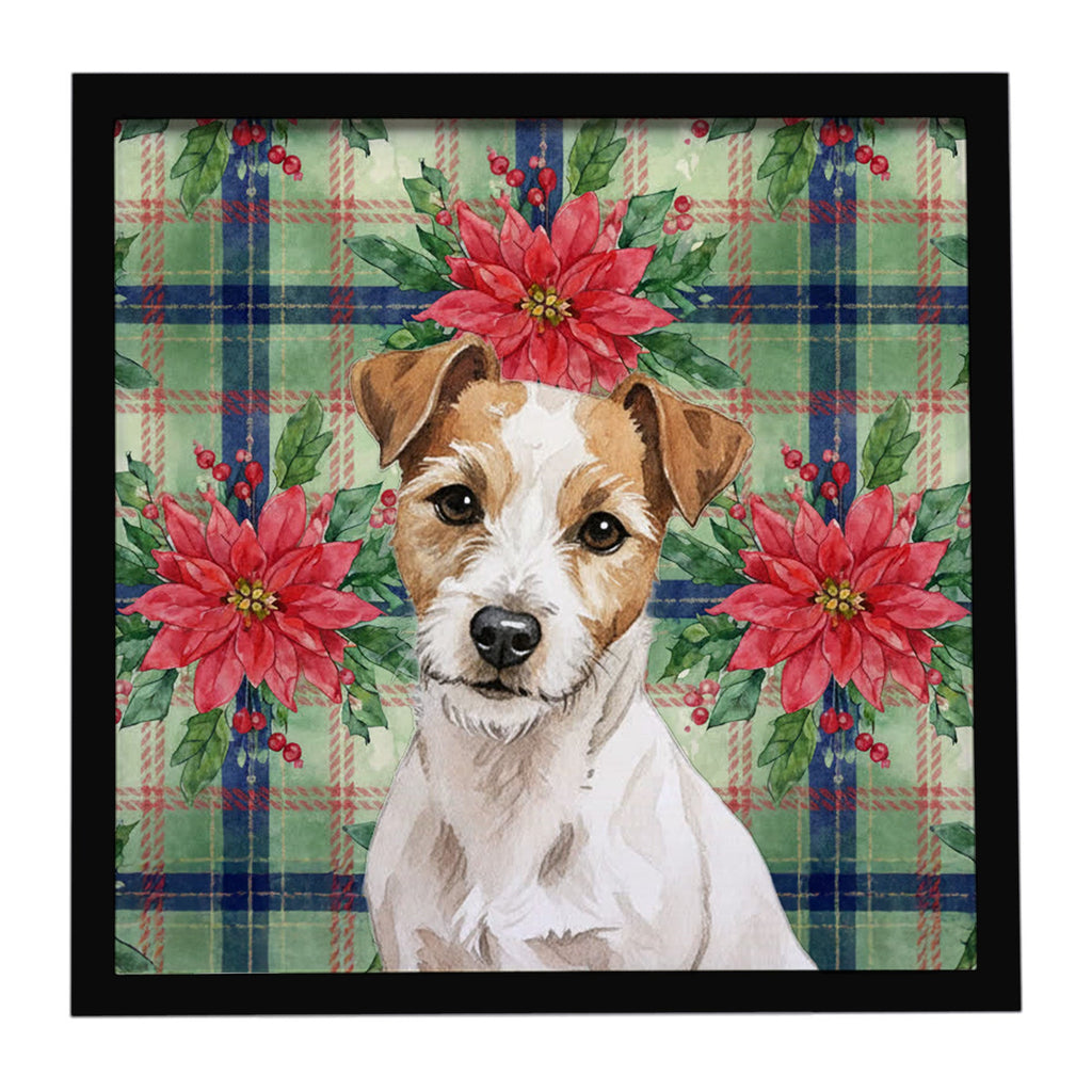 White with Tan Markings Russell Terrier Christmas PoinsettIas Framed Metal Print Bathroom, Kitchen, Office, Home Decor Wall Art Ready to Hang, Square, 8X8