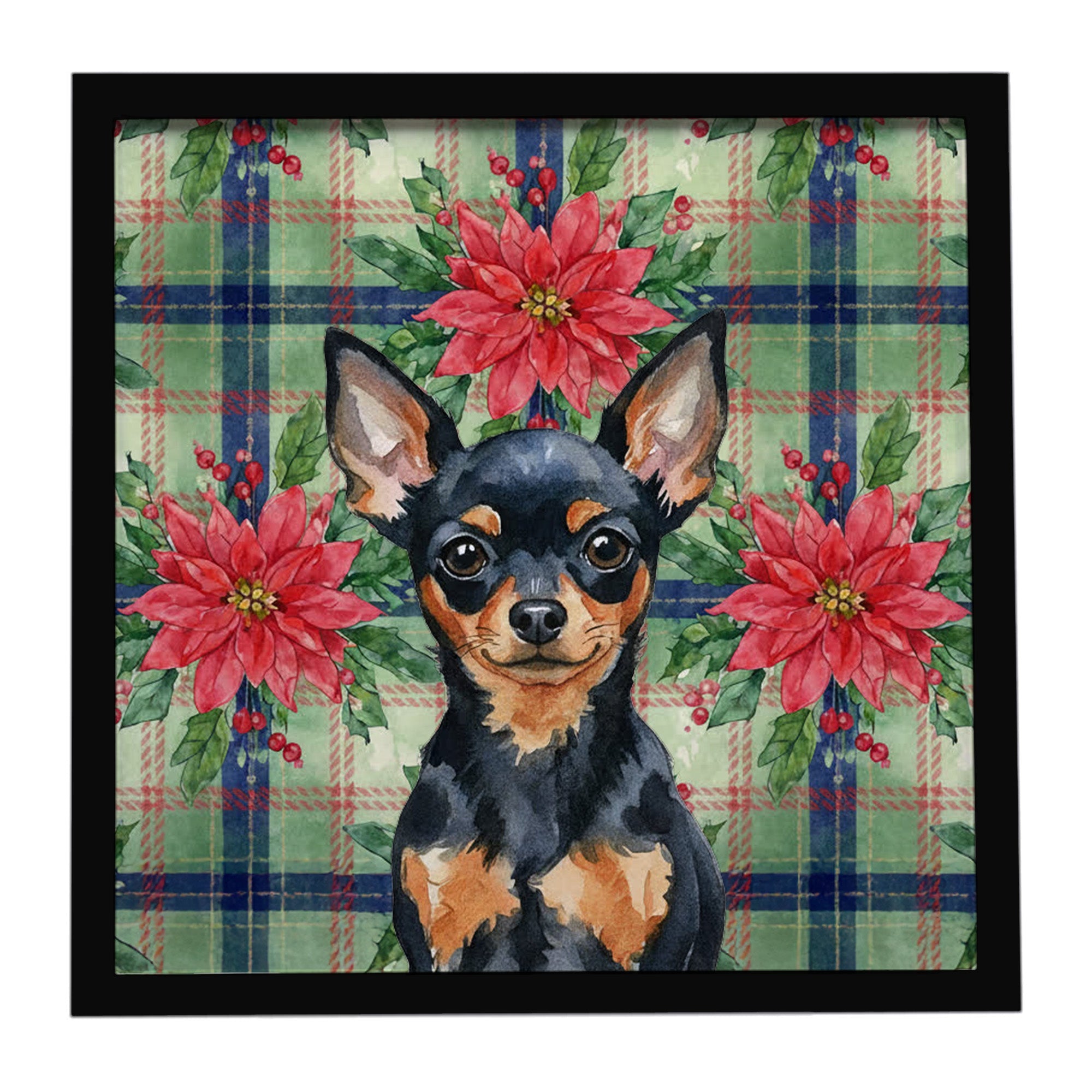 Black and Tan Russian Toy Christmas PoinsettIas Framed Metal Print Bathroom, Kitchen, Office, Home Decor Wall Art Ready to Hang, Square, 8X8