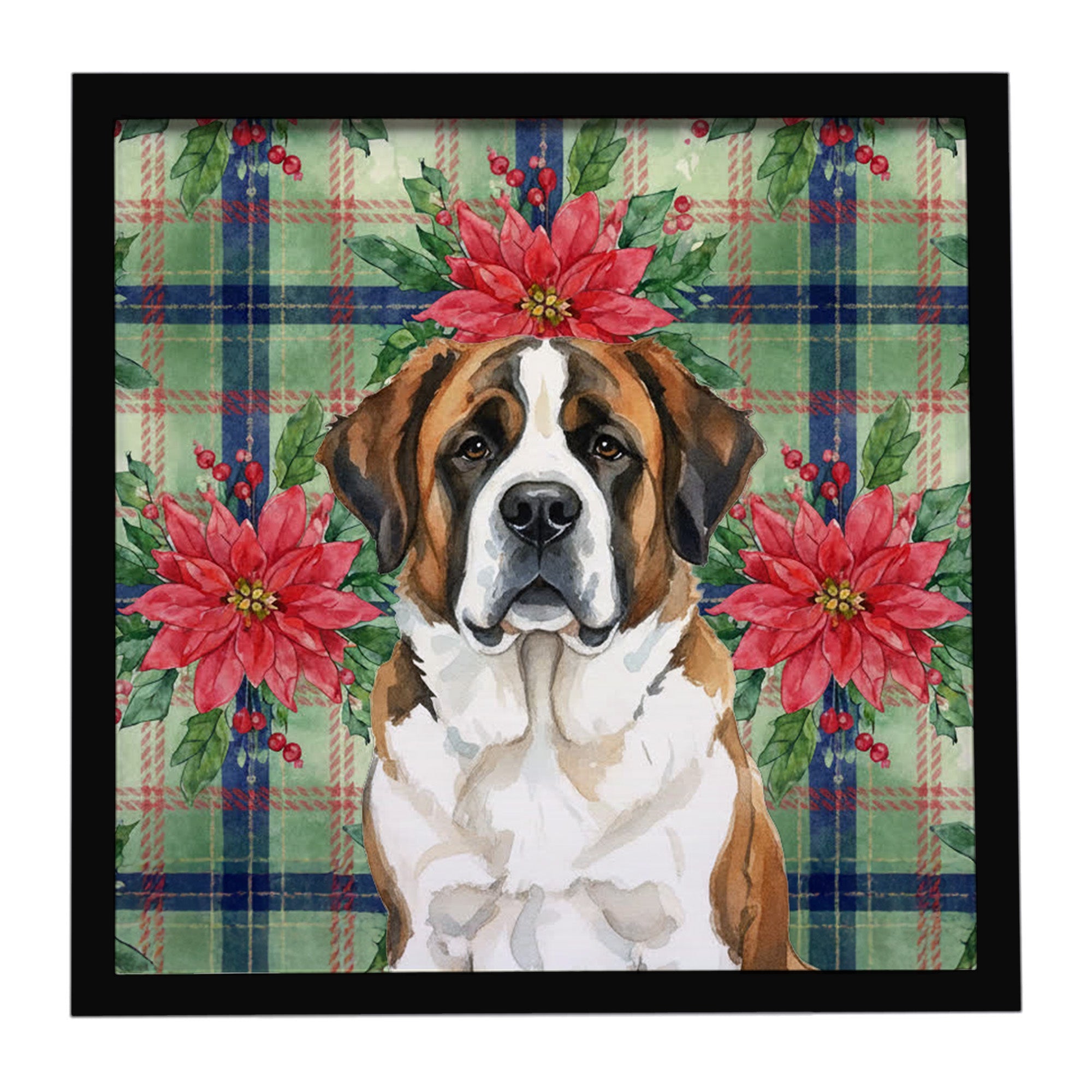Brindle and White Saint Bernard Christmas PoinsettIas Framed Metal Print Bathroom, Kitchen, Office, Home Decor Wall Art Ready to Hang, Square, 8X8