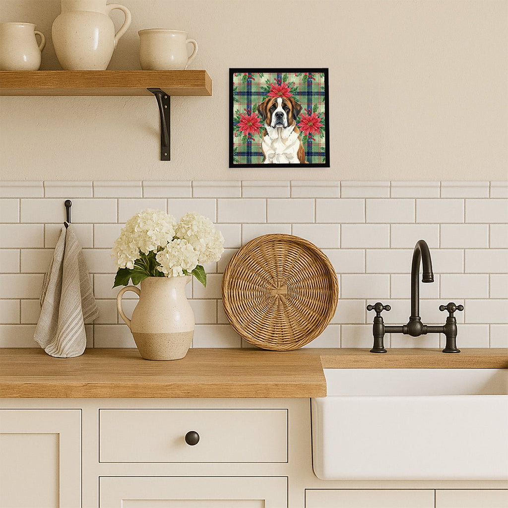 Brindle and White Saint Bernard Christmas PoinsettIas Framed Metal Print Bathroom, Kitchen, Office, Home Decor Wall Art Ready to Hang, Square, 8X8