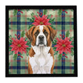 Brown and White Saint Bernard Christmas PoinsettIas Framed Metal Print Bathroom, Kitchen, Office, Home Decor Wall Art Ready to Hang, Square, 8X8