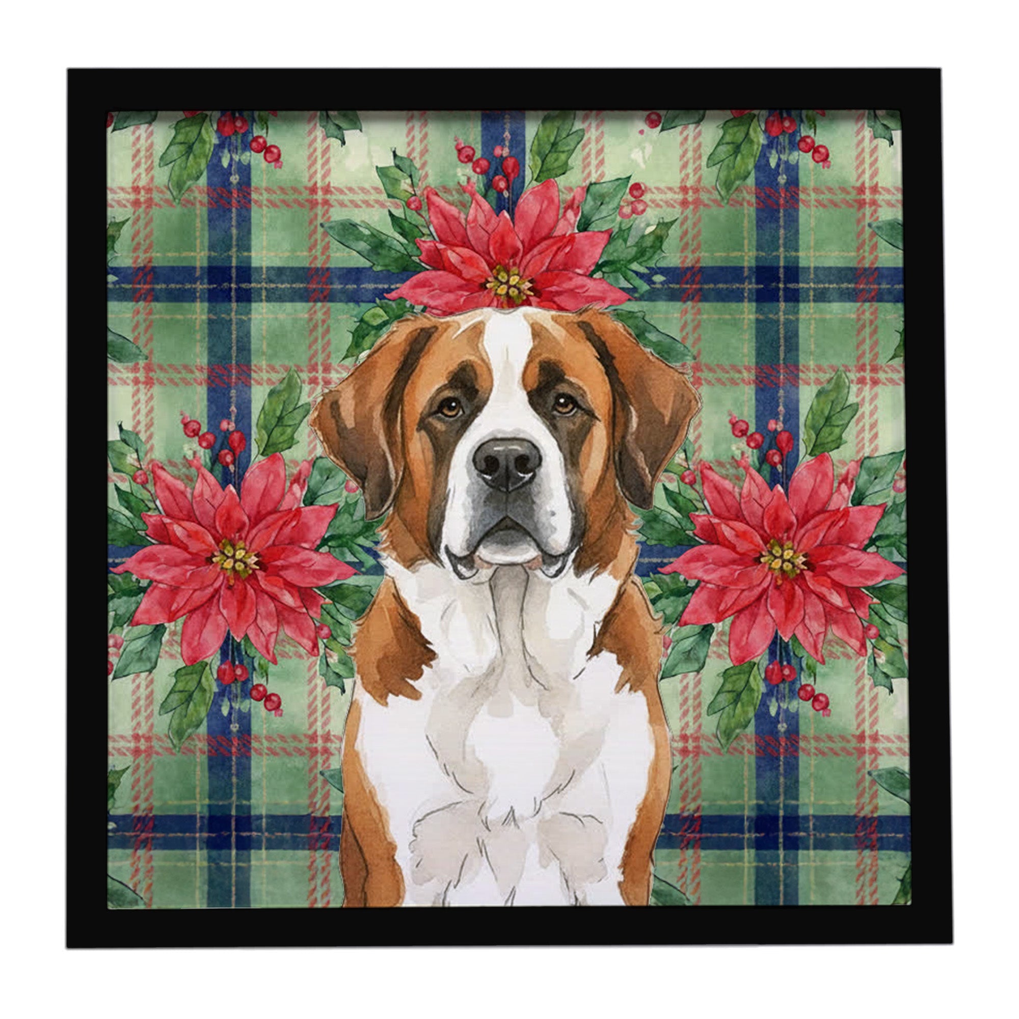 Brown and White Saint Bernard Christmas PoinsettIas Framed Metal Print Bathroom, Kitchen, Office, Home Decor Wall Art Ready to Hang, Square, 8X8