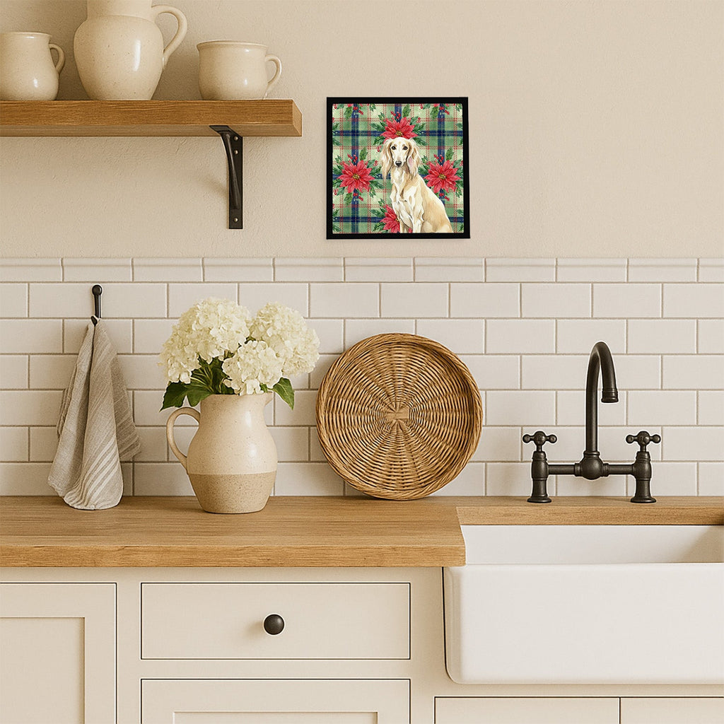 Cream Saluki Christmas PoinsettIas Framed Metal Print Bathroom, Kitchen, Office, Home Decor Wall Art Ready to Hang, Square, 8X8