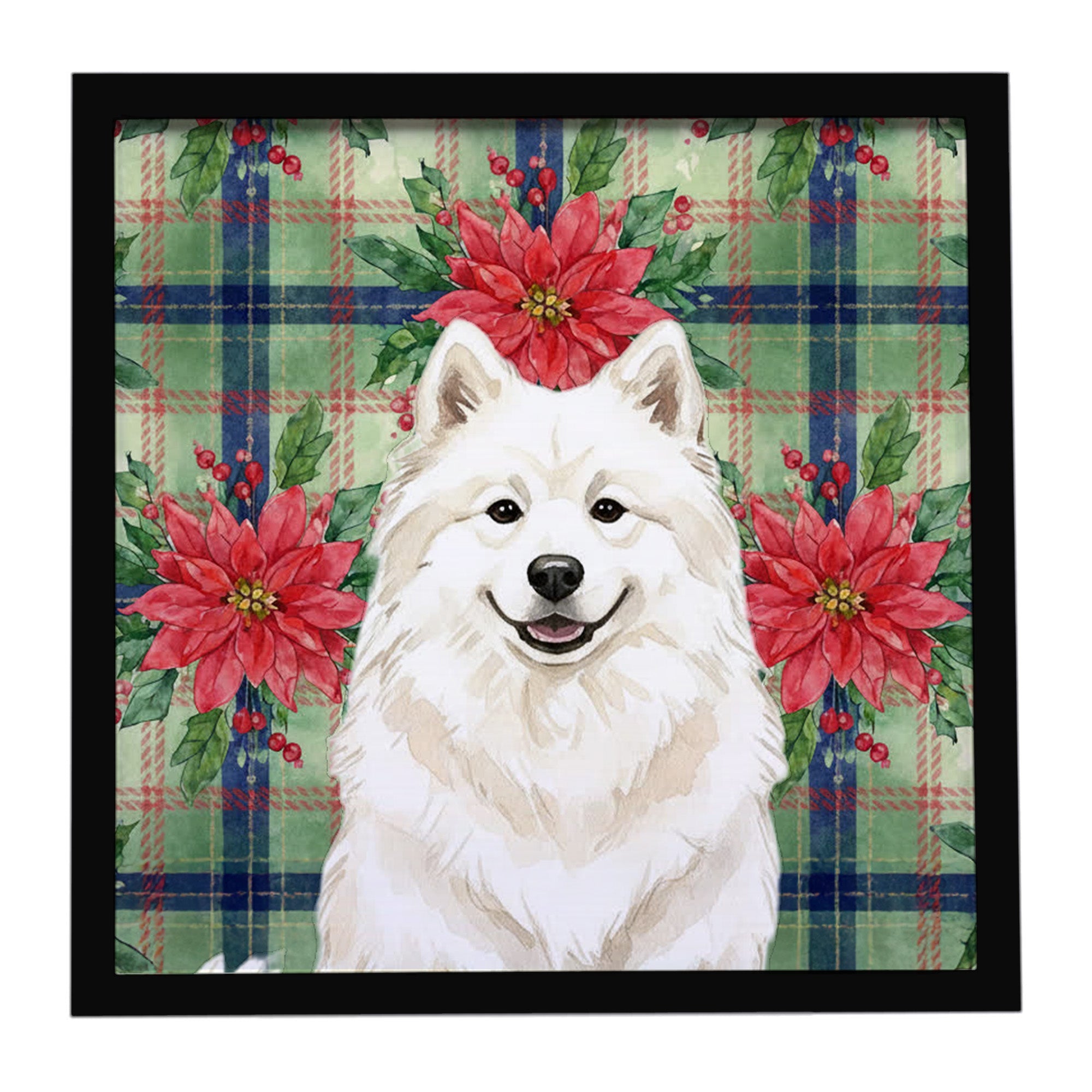 Cream Samoyed Christmas PoinsettIas Framed Metal Print Bathroom, Kitchen, Office, Home Decor Wall Art Ready to Hang, Square, 8X8