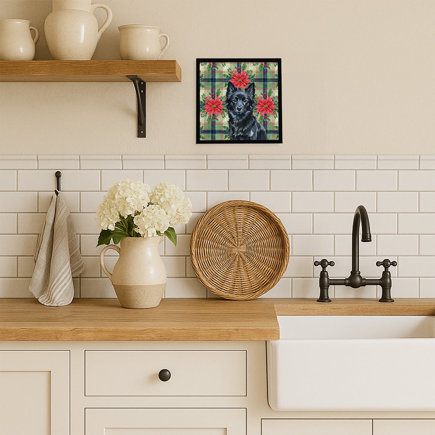 Schipperke Christmas PoinsettIas Framed Metal Print Bathroom, Kitchen, Office, Home Decor Wall Art Ready to Hang, Square, 8X8