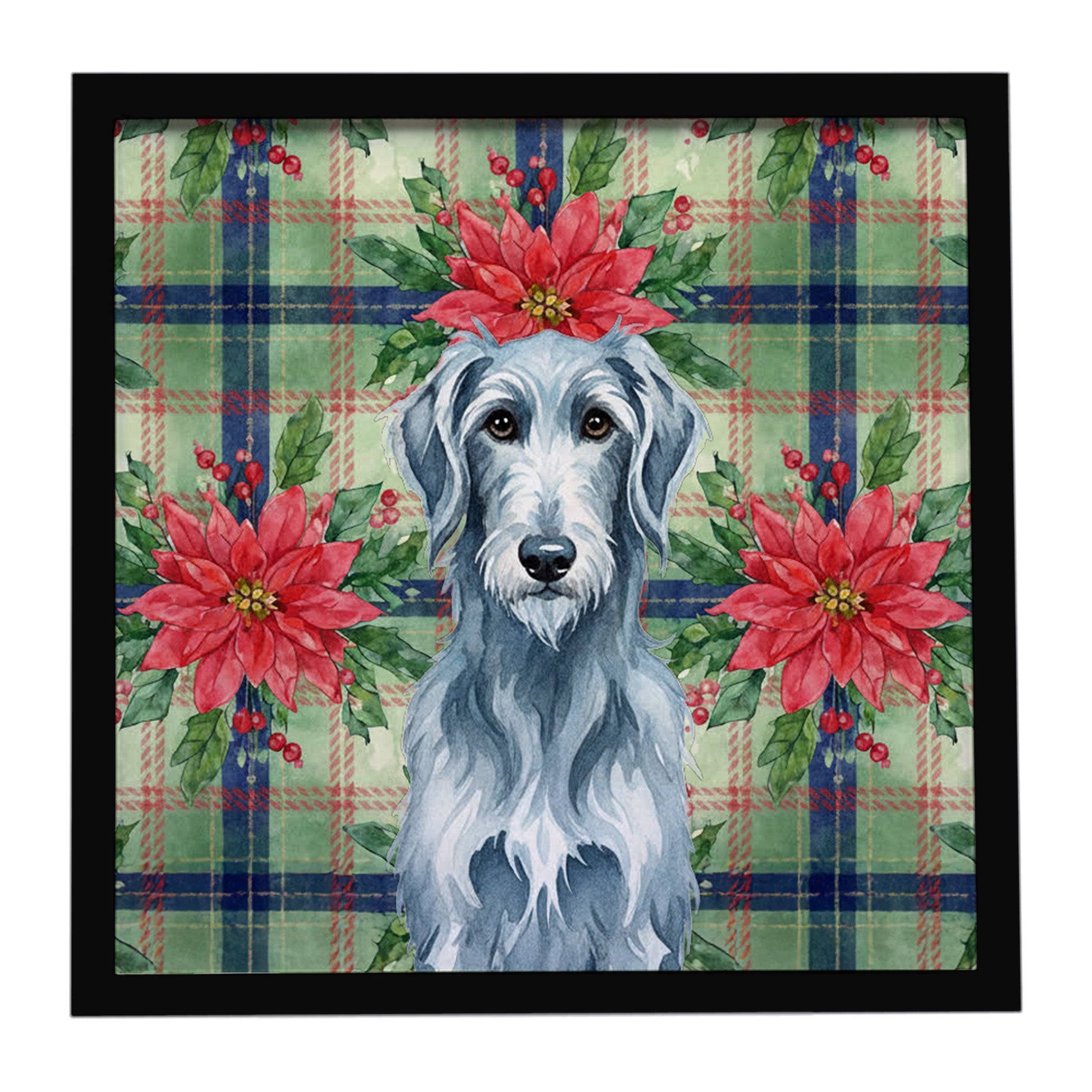 Blue-Gray Scottish Deerhound Christmas PoinsettIas Framed Metal Print Bathroom, Kitchen, Office, Home Decor Wall Art Ready to Hang, Square, 8X8