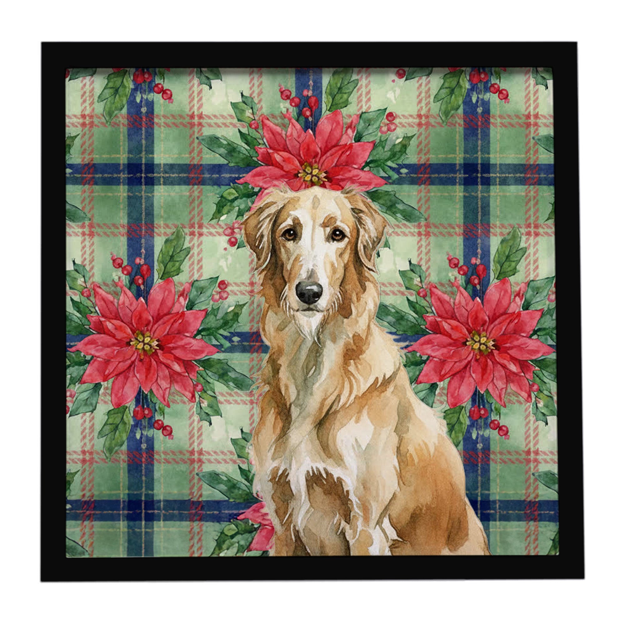 Wheaten Scottish Deerhound Christmas PoinsettIas Framed Metal Print Bathroom, Kitchen, Office, Home Decor Wall Art Ready to Hang, Square, 8X8