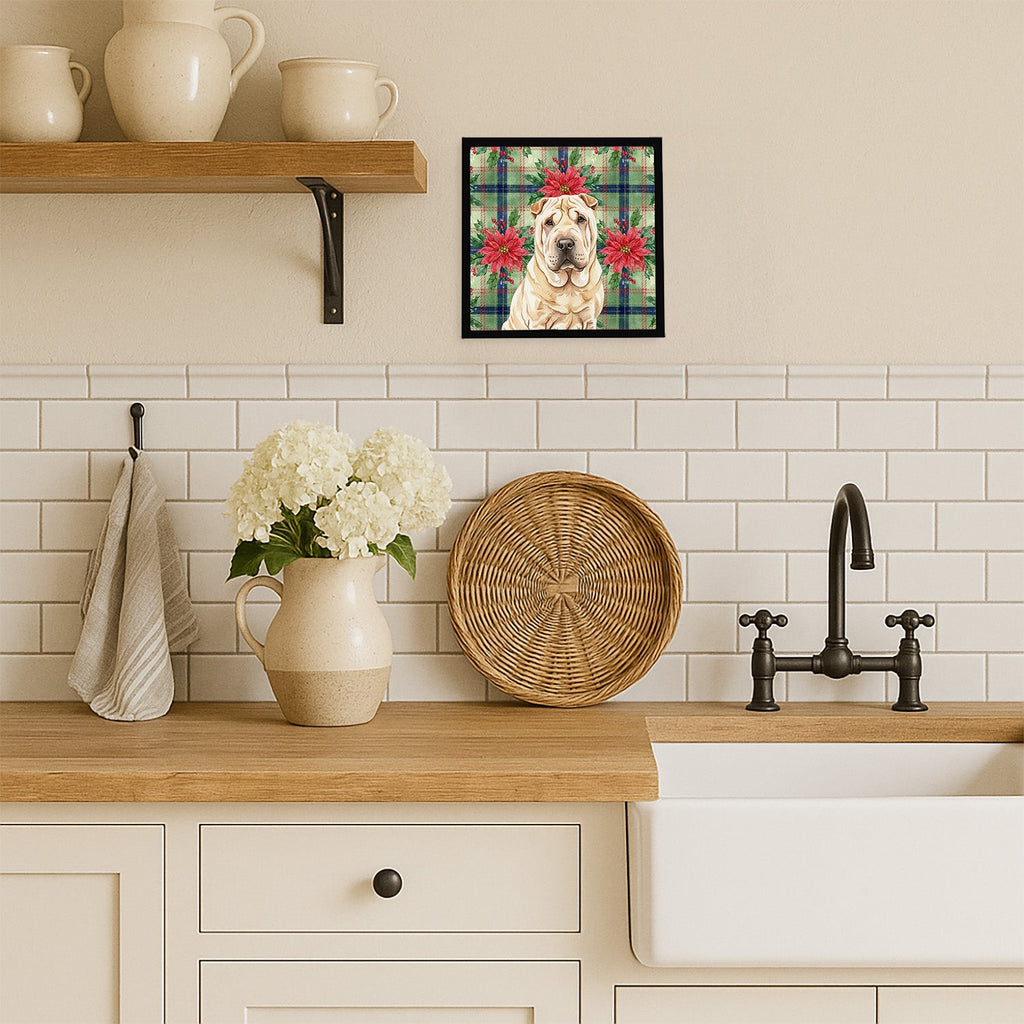 Shar Pei Christmas PoinsettIas Framed Metal Print Bathroom, Kitchen, Office, Home Decor Wall Art Ready to Hang, Square, 8X8