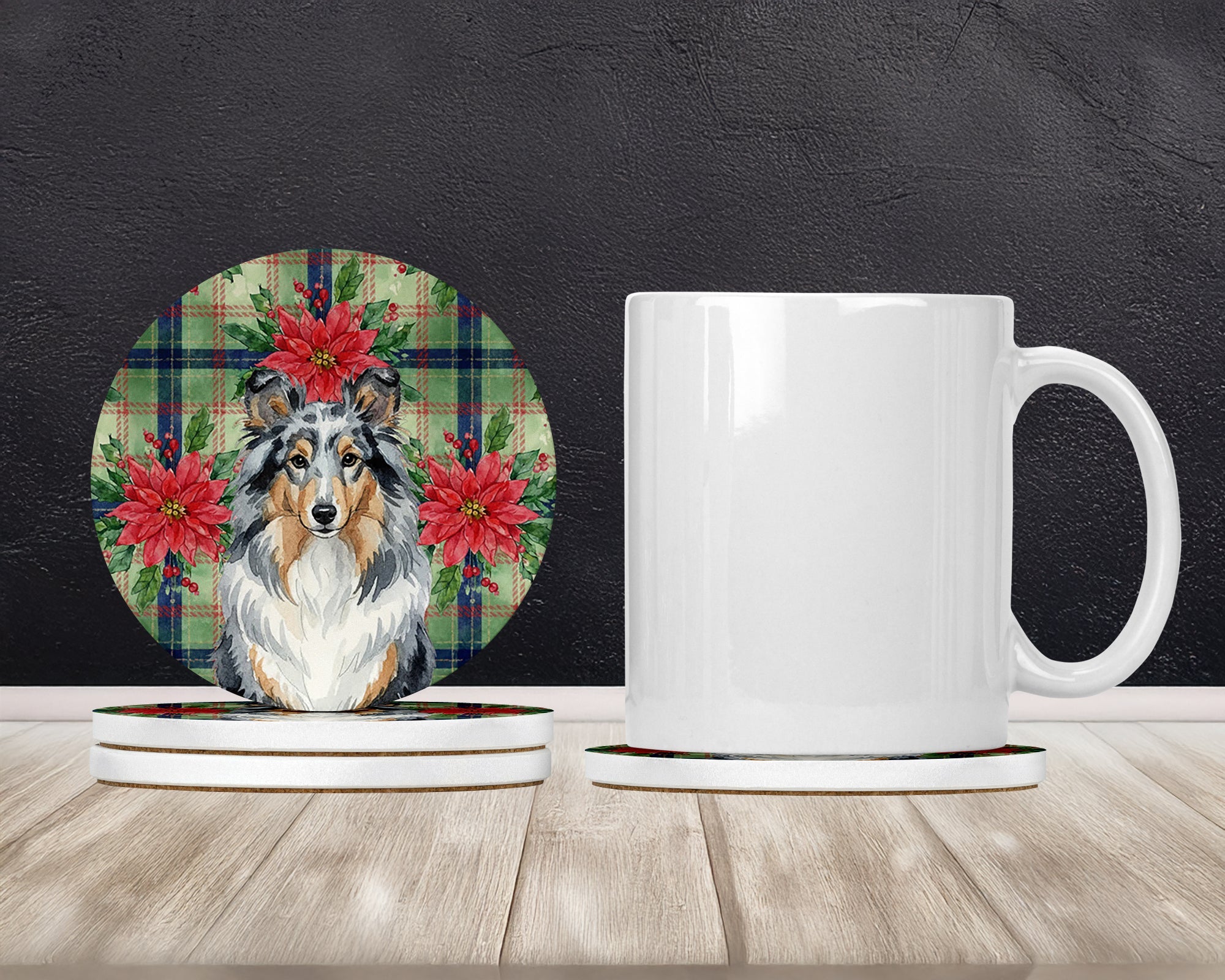 Blue Merle Sheltie Christmas PoinsettIas Large Sandstone Coasters Pack of 4 Absorbent Round Coasters Decor Gifts for Men or Women, 4 in, Multicolor
