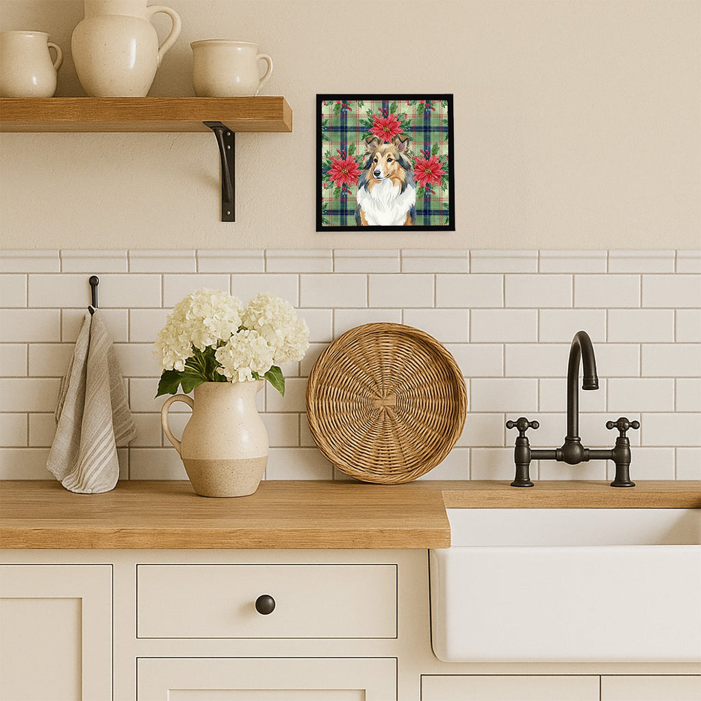 Sable Sheltie Christmas PoinsettIas Framed Metal Print Bathroom, Kitchen, Office, Home Decor Wall Art Ready to Hang, Square, 8X8