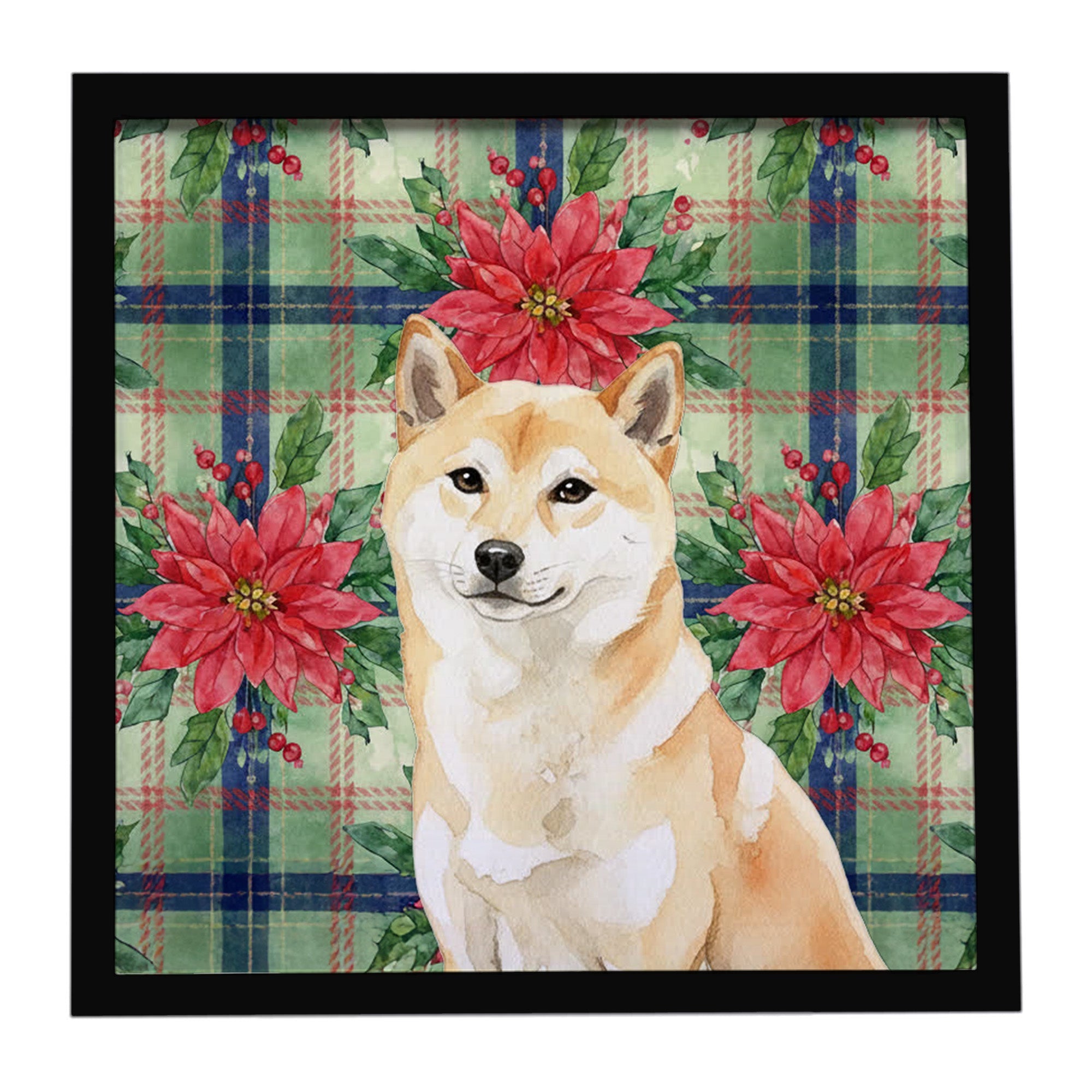 Cream Shiba Inu Christmas PoinsettIas Framed Metal Print Bathroom, Kitchen, Office, Home Decor Wall Art Ready to Hang, Square, 8X8