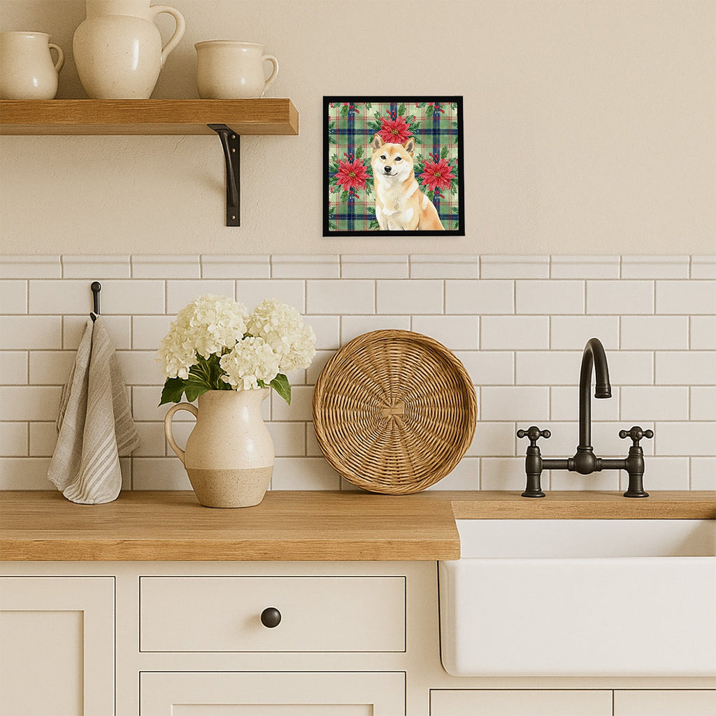 Cream Shiba Inu Christmas PoinsettIas Framed Metal Print Bathroom, Kitchen, Office, Home Decor Wall Art Ready to Hang, Square, 8X8