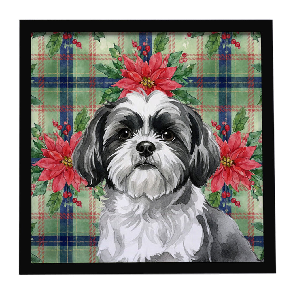 Black and White Shih Tzu Christmas PoinsettIas Framed Metal Print Bathroom, Kitchen, Office, Home Decor Wall Art Ready to Hang, Square, 8X8