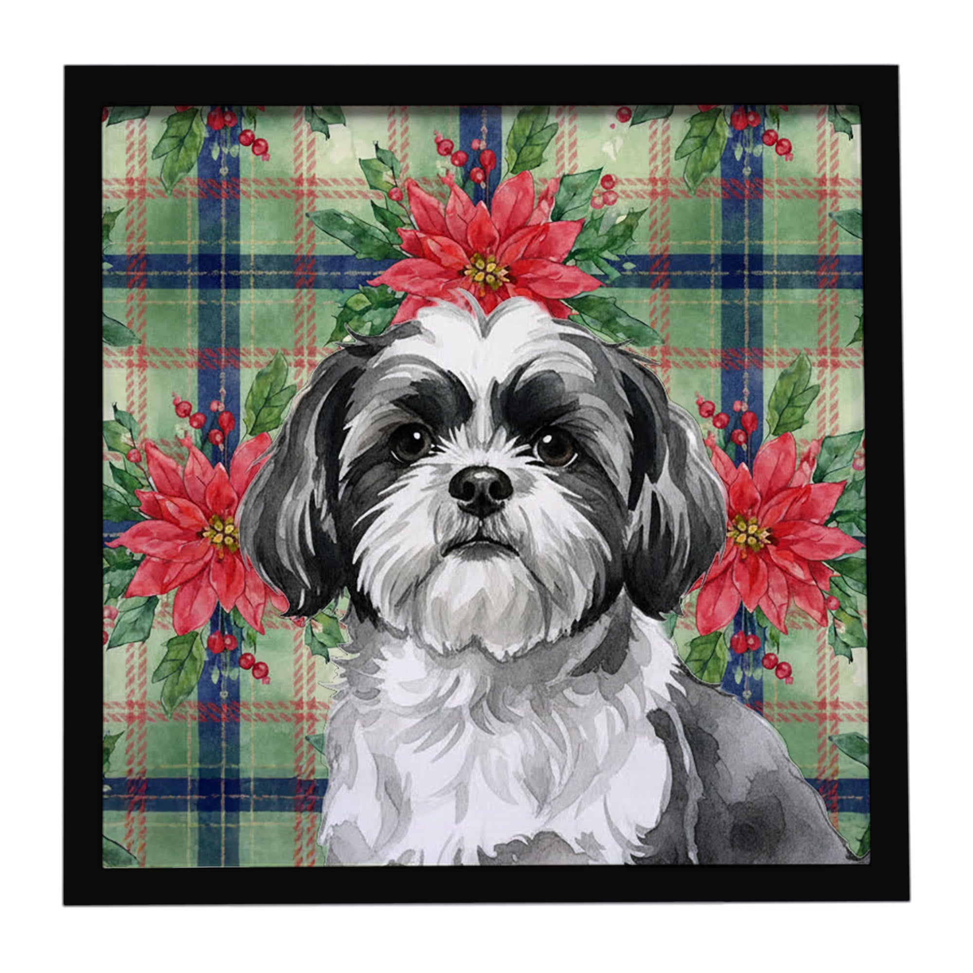 Black and White Shih Tzu Christmas PoinsettIas Framed Metal Print Bathroom, Kitchen, Office, Home Decor Wall Art Ready to Hang, Square, 8X8